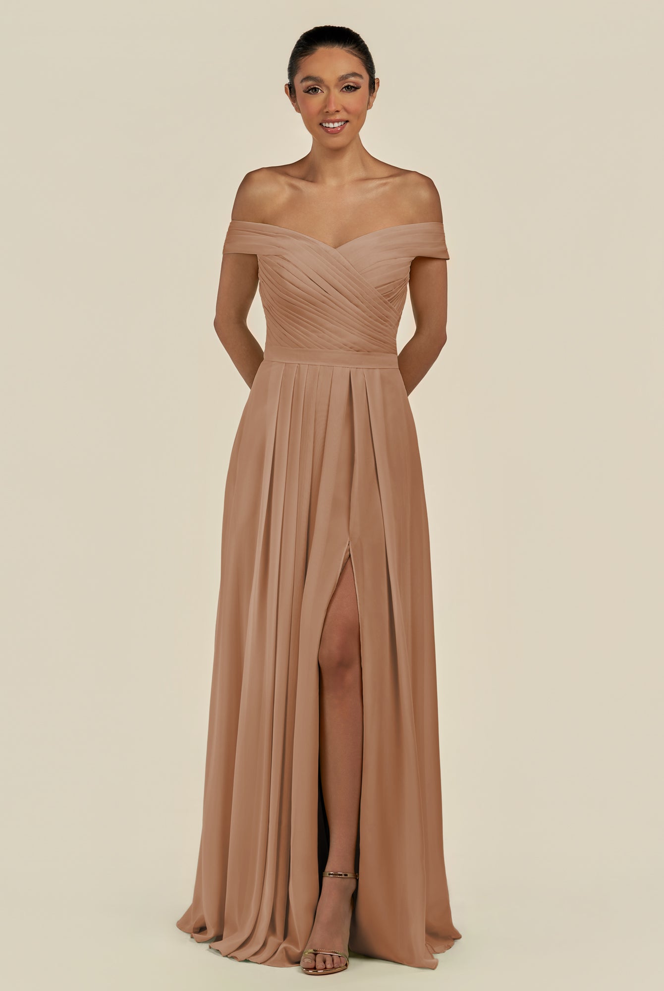 KissDress-Lurina Bronzer A Line Chiffon Off the Shoulder Pleated Long Bridesmaid Dress with Slit