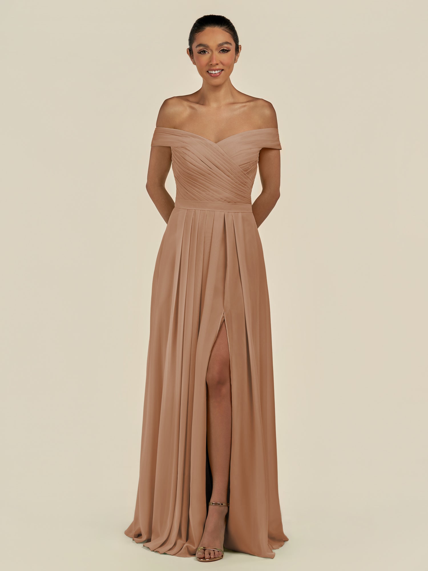 KissDress-Lurina Bronzer A Line Chiffon Off the Shoulder Pleated Long Bridesmaid Dress with Slit