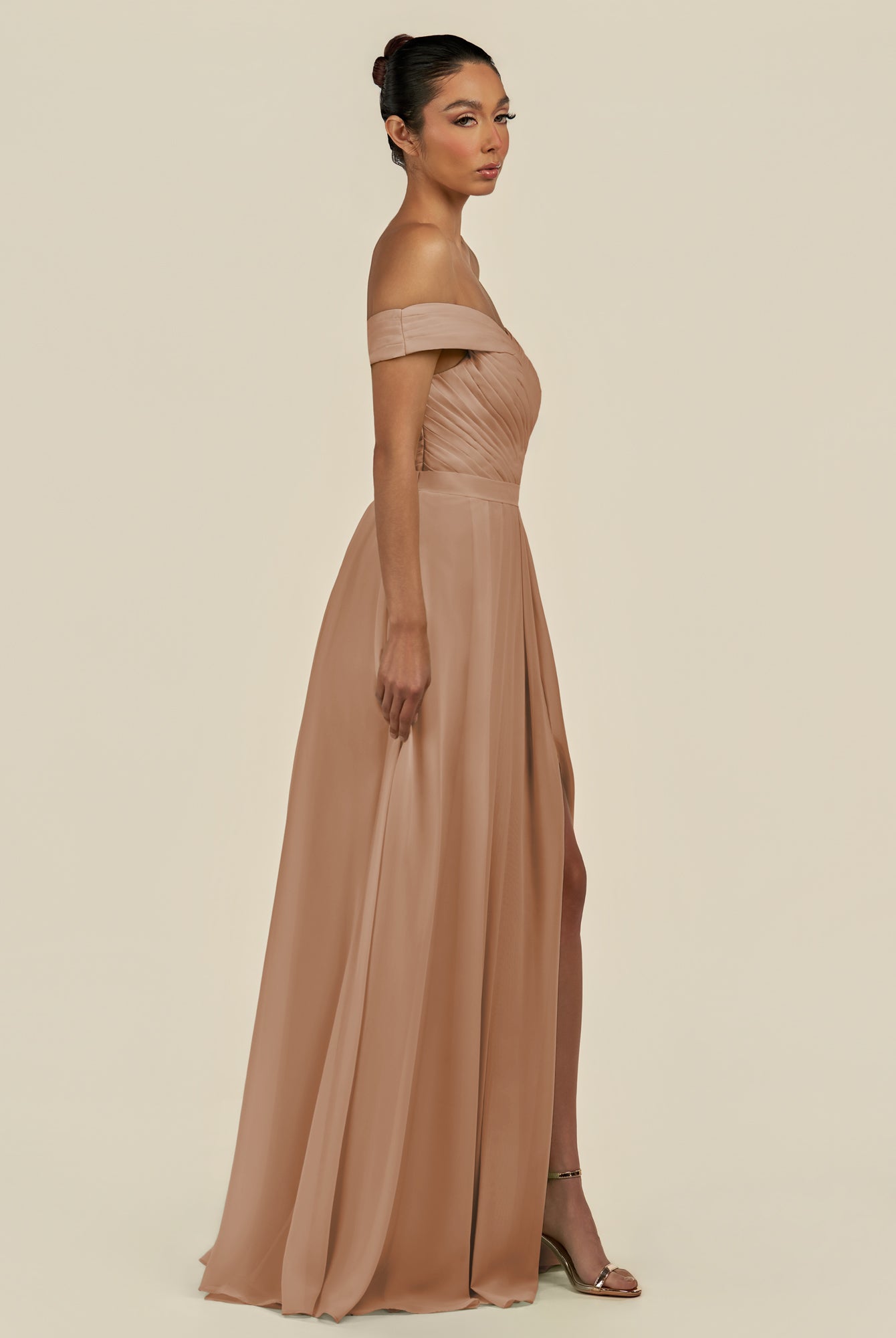 KissDress-Lurina Bronzer A Line Chiffon Off the Shoulder Pleated Long Bridesmaid Dress with Slit