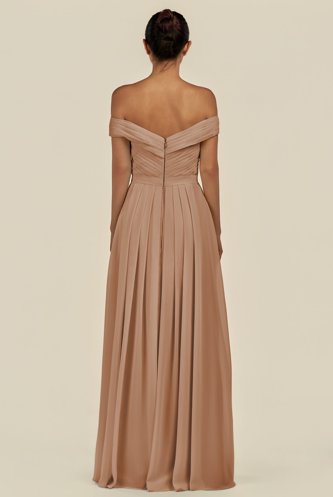 KissDress-Lurina Bronzer A Line Chiffon Off the Shoulder Pleated Long Bridesmaid Dress with Slit