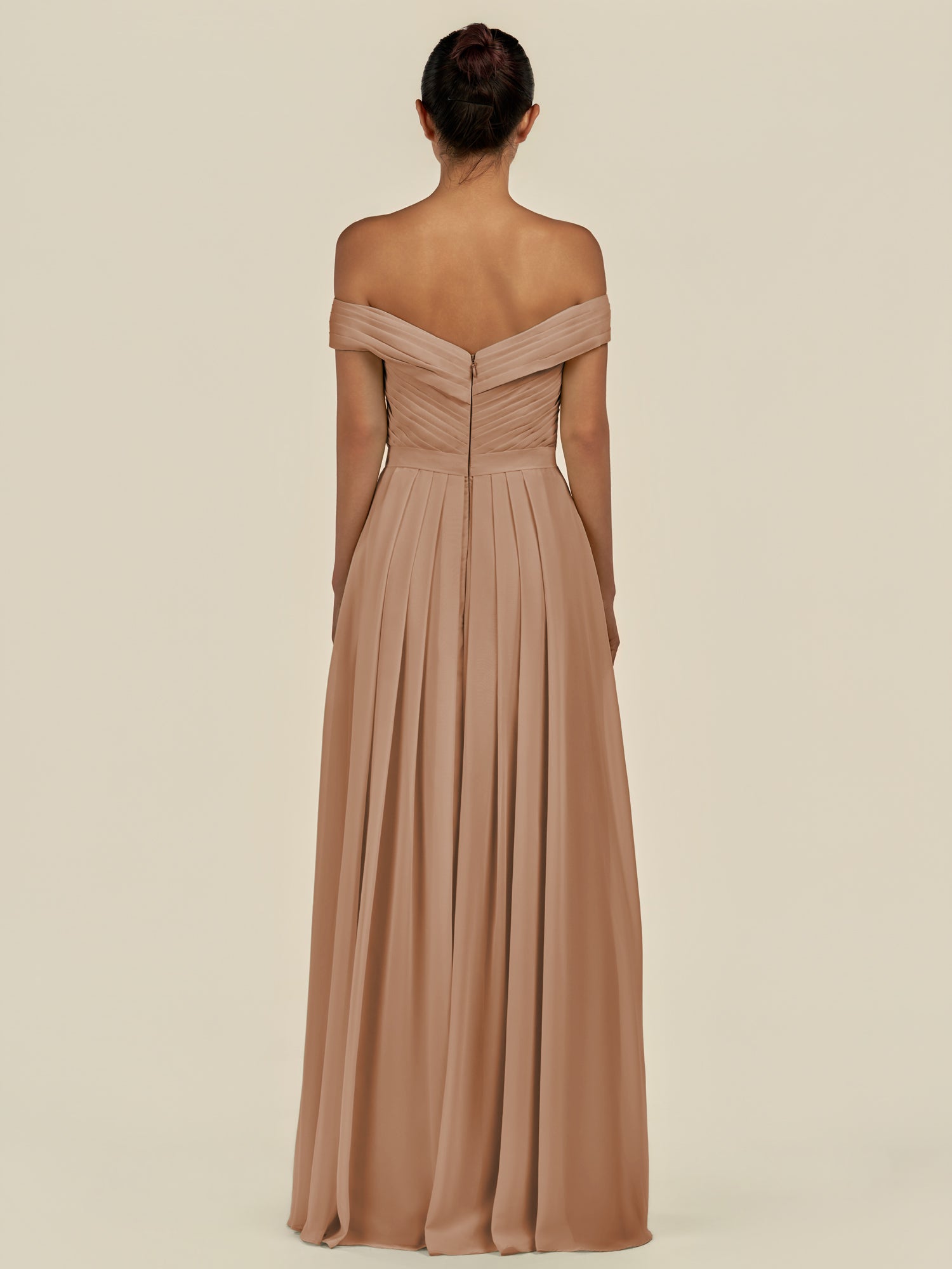 KissDress-Lurina Bronzer A Line Chiffon Off the Shoulder Pleated Long Bridesmaid Dress with Slit