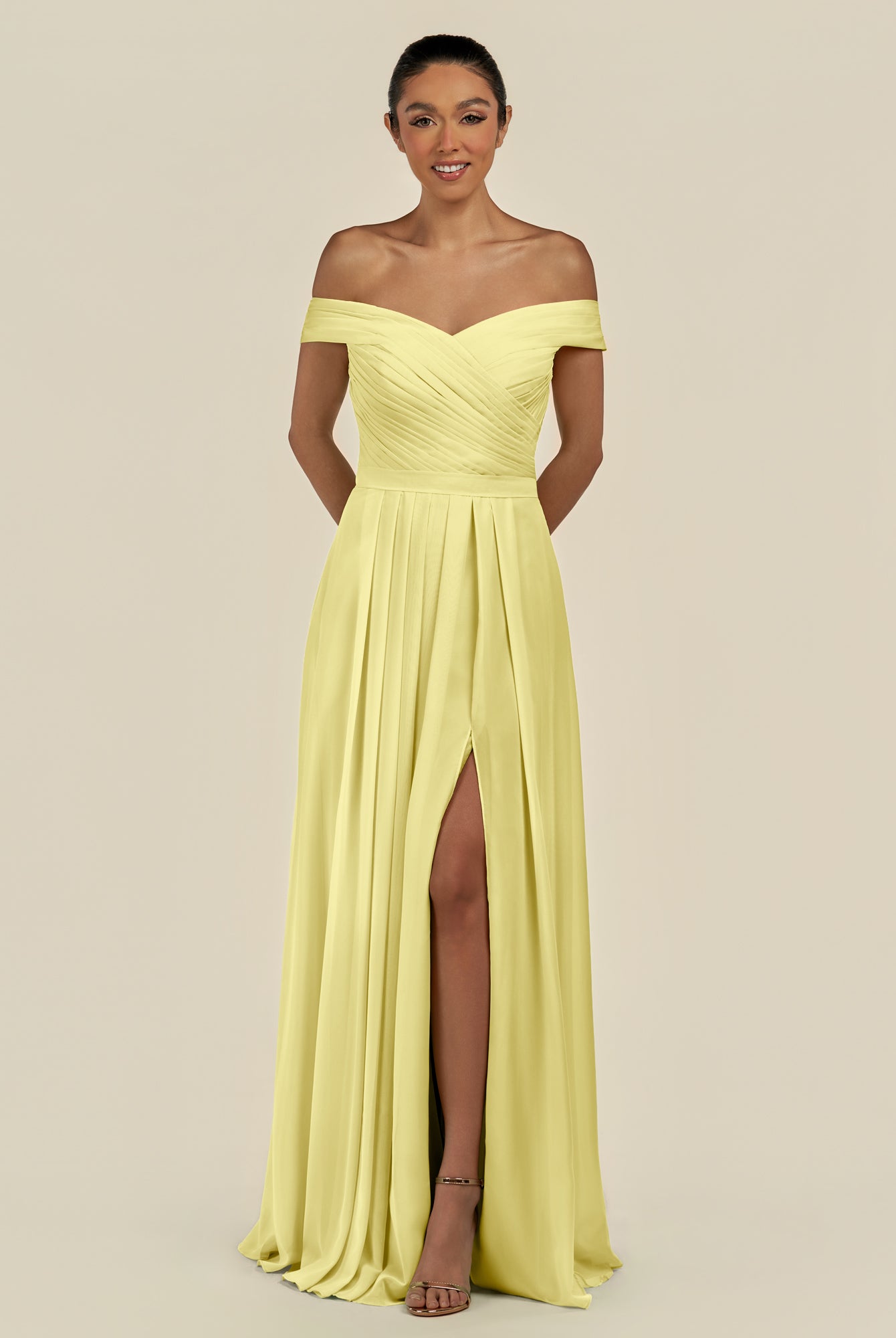 KissDress-Lurina Buttercup A Line Chiffon Off the Shoulder Pleated Long Bridesmaid Dress with Slit