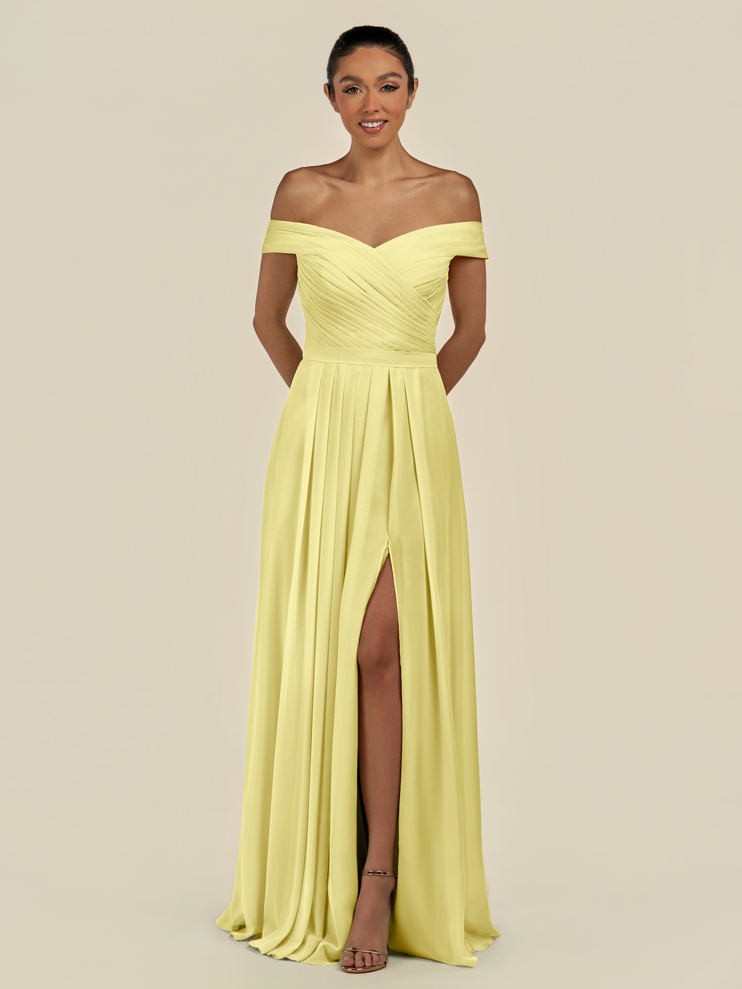 KissDress-Lurina Buttercup A Line Chiffon Off the Shoulder Pleated Long Bridesmaid Dress with Slit