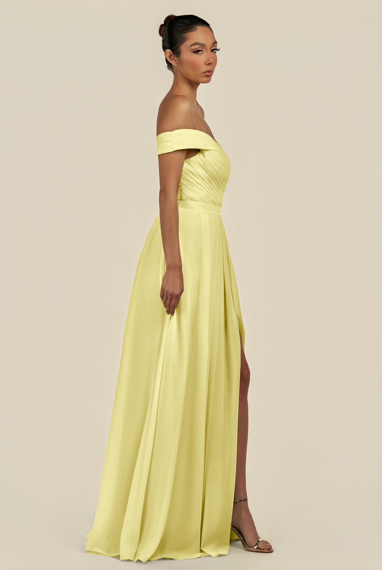 KissDress-Lurina Buttercup A Line Chiffon Off the Shoulder Pleated Long Bridesmaid Dress with Slit