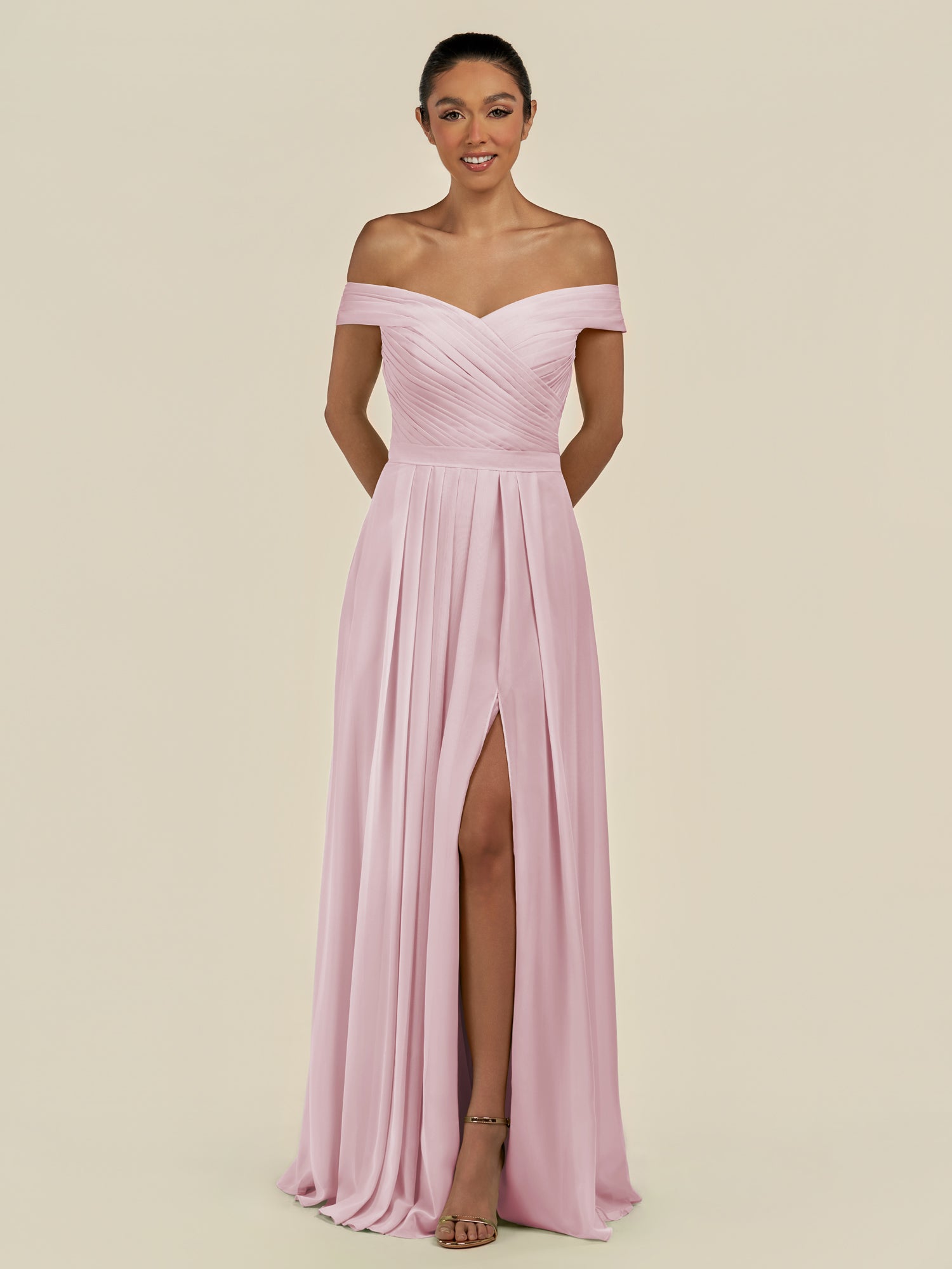 KissDress-Lurina Candy Pink A Line Chiffon Off the Shoulder Pleated Long Bridesmaid Dress with Slit