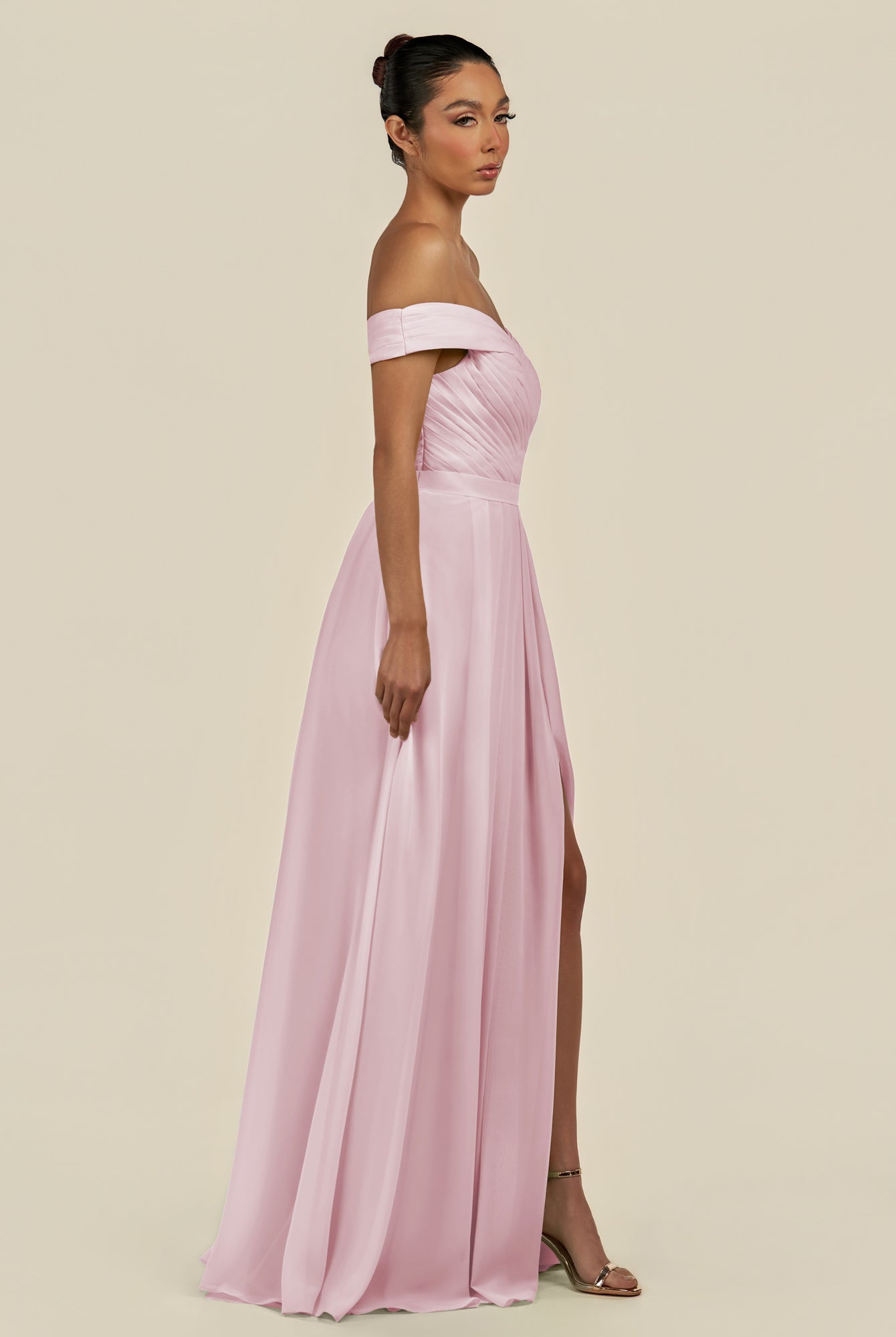KissDress-Lurina Candy Pink A Line Chiffon Off the Shoulder Pleated Long Bridesmaid Dress with Slit