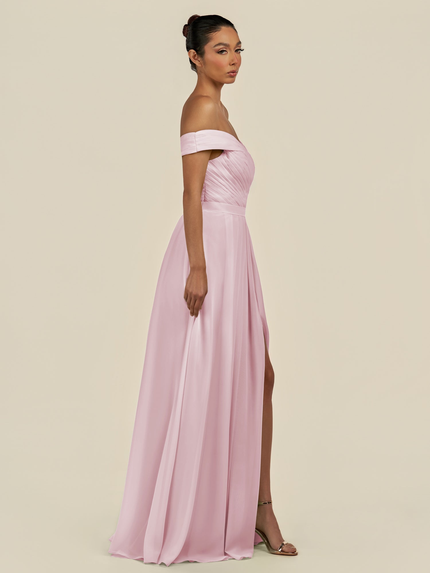 KissDress-Lurina Candy Pink A Line Chiffon Off the Shoulder Pleated Long Bridesmaid Dress with Slit