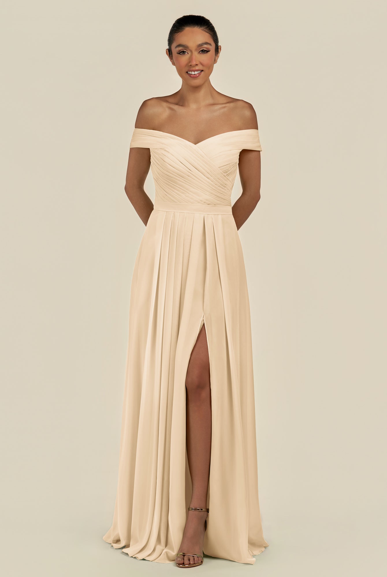 KissDress-Lurina Champagne A Line Chiffon Off the Shoulder Pleated Long Bridesmaid Dress with Slit