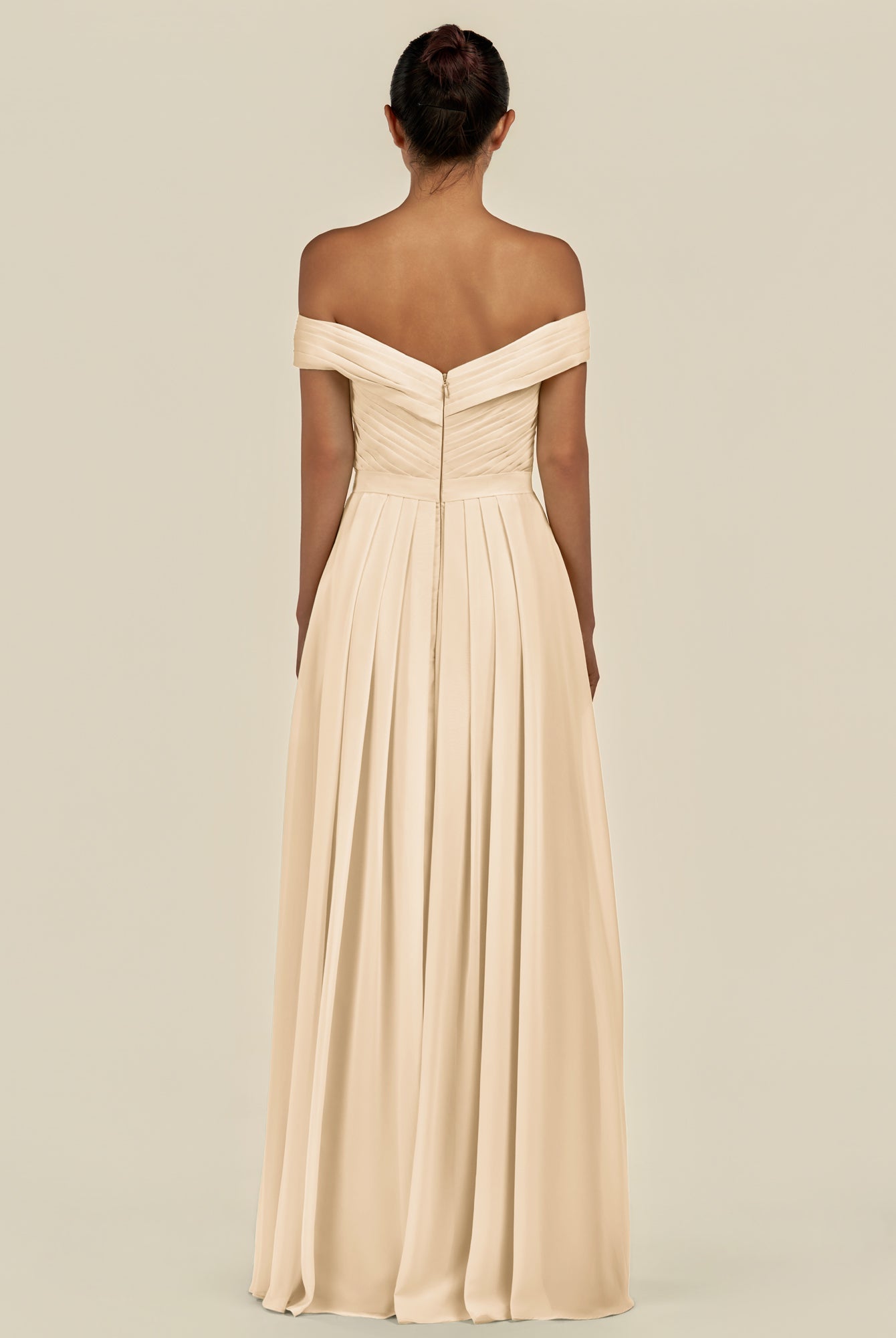 KissDress-Lurina Champagne A Line Chiffon Off the Shoulder Pleated Long Bridesmaid Dress with Slit