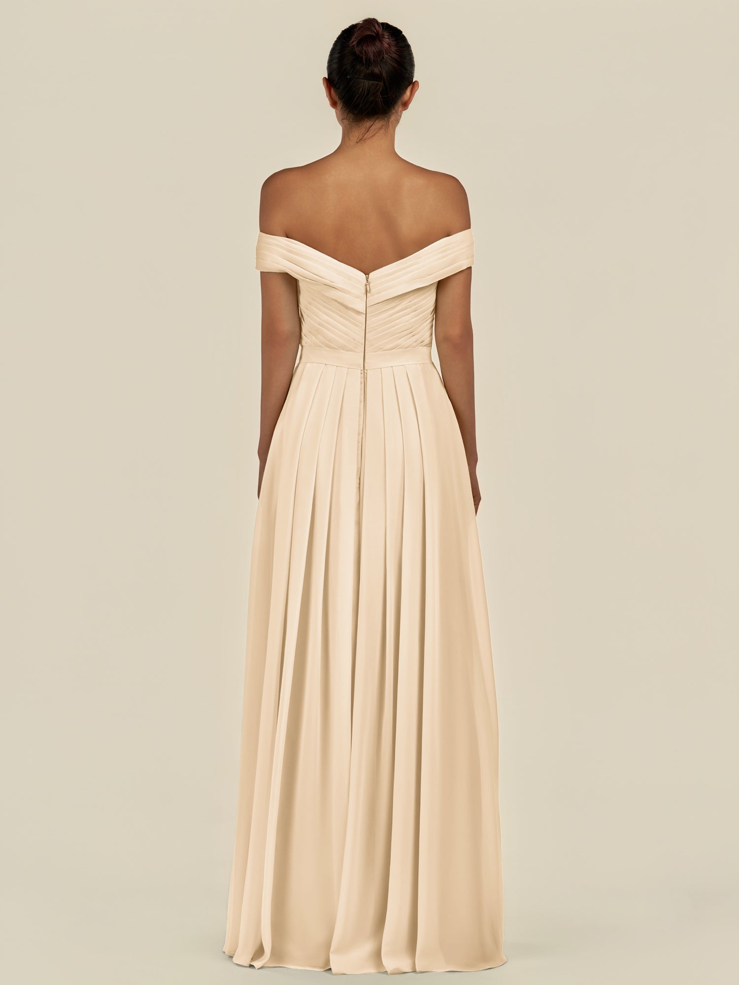 KissDress-Lurina Champagne A Line Chiffon Off the Shoulder Pleated Long Bridesmaid Dress with Slit
