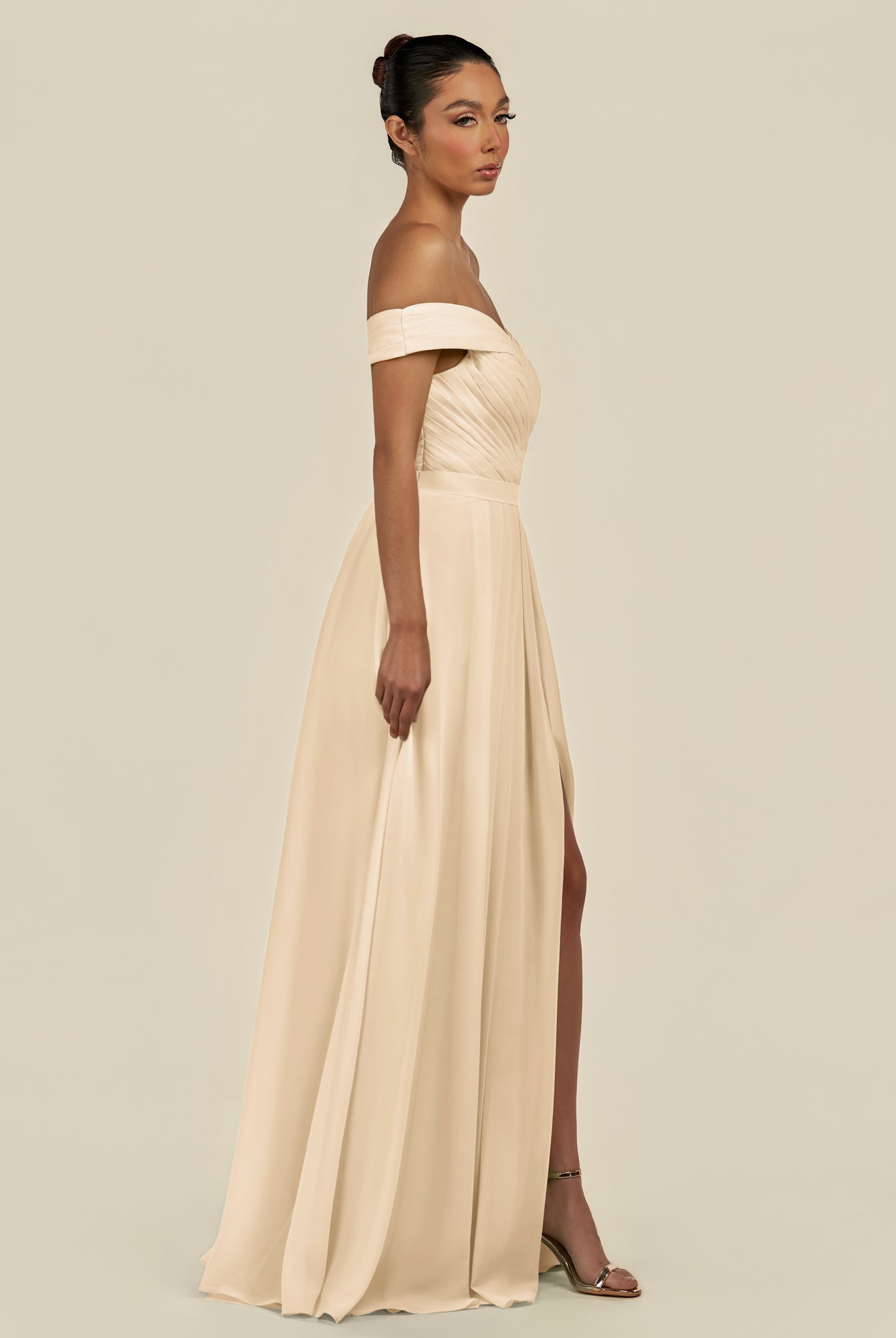 KissDress-Lurina Champagne A Line Chiffon Off the Shoulder Pleated Long Bridesmaid Dress with Slit