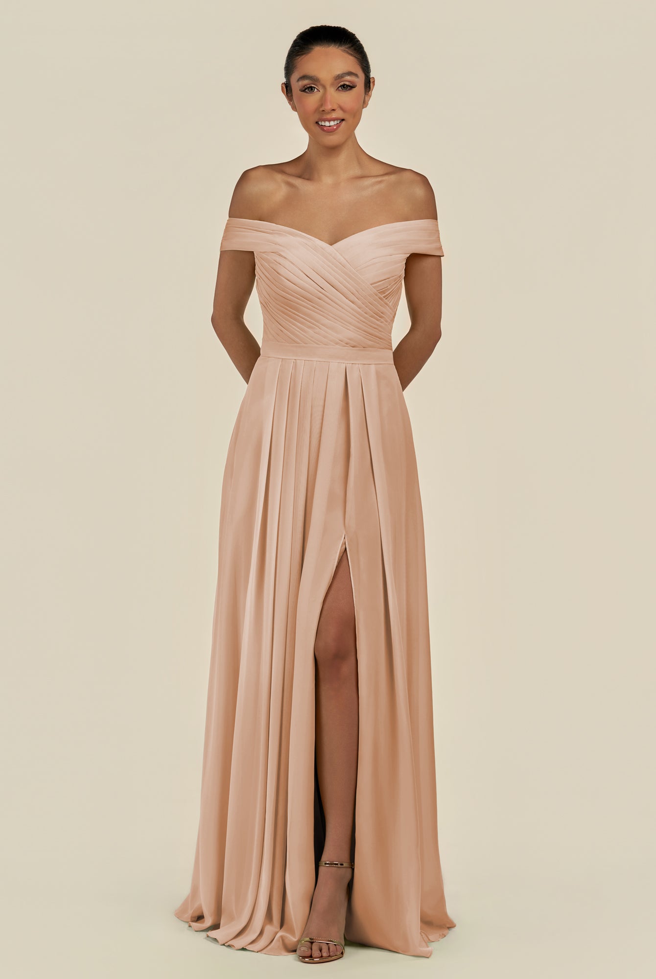 KissDress-Lurina Champagne Rose A Line Chiffon Off the Shoulder Pleated Long Bridesmaid Dress with Slit