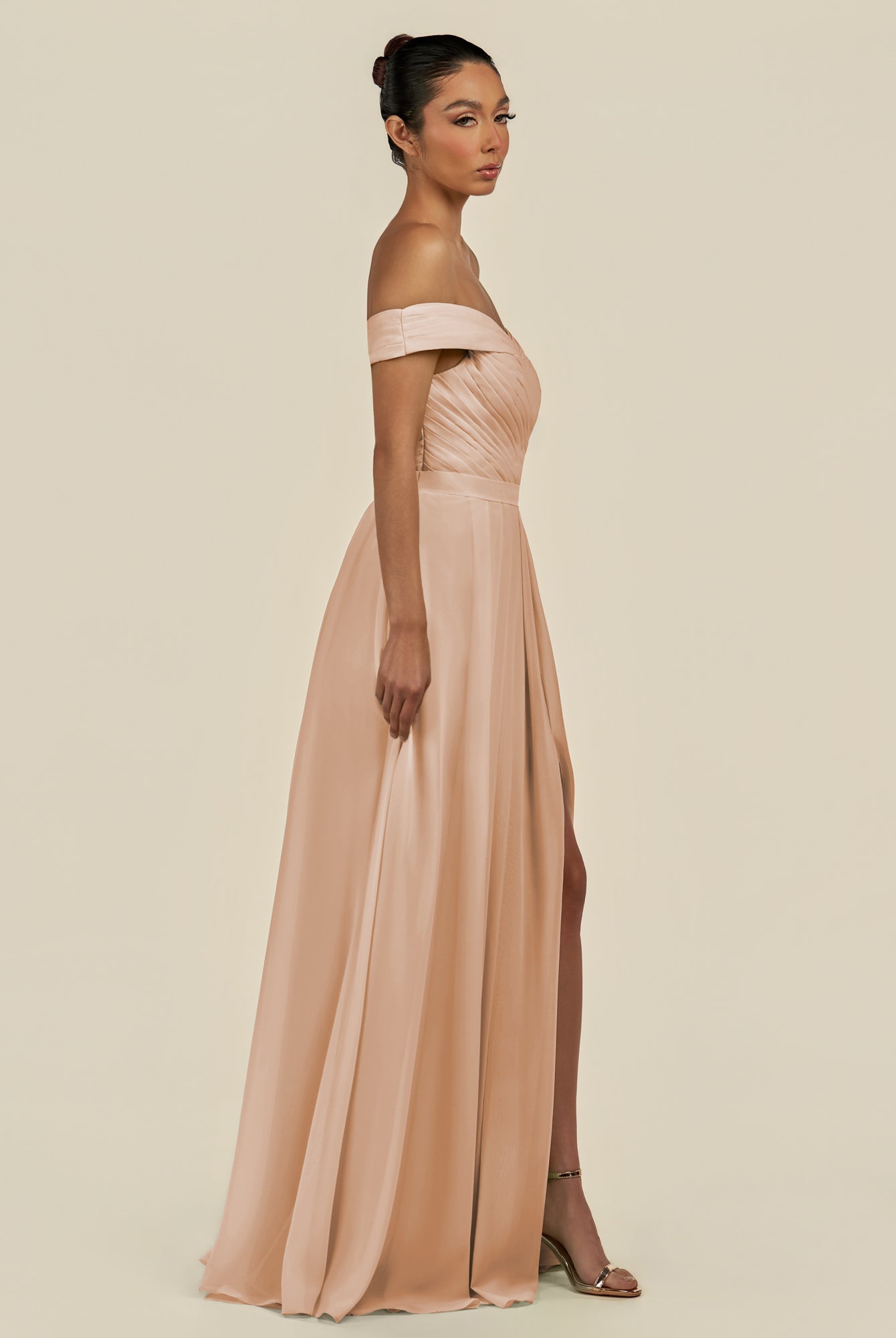 KissDress-Lurina Champagne Rose A Line Chiffon Off the Shoulder Pleated Long Bridesmaid Dress with Slit
