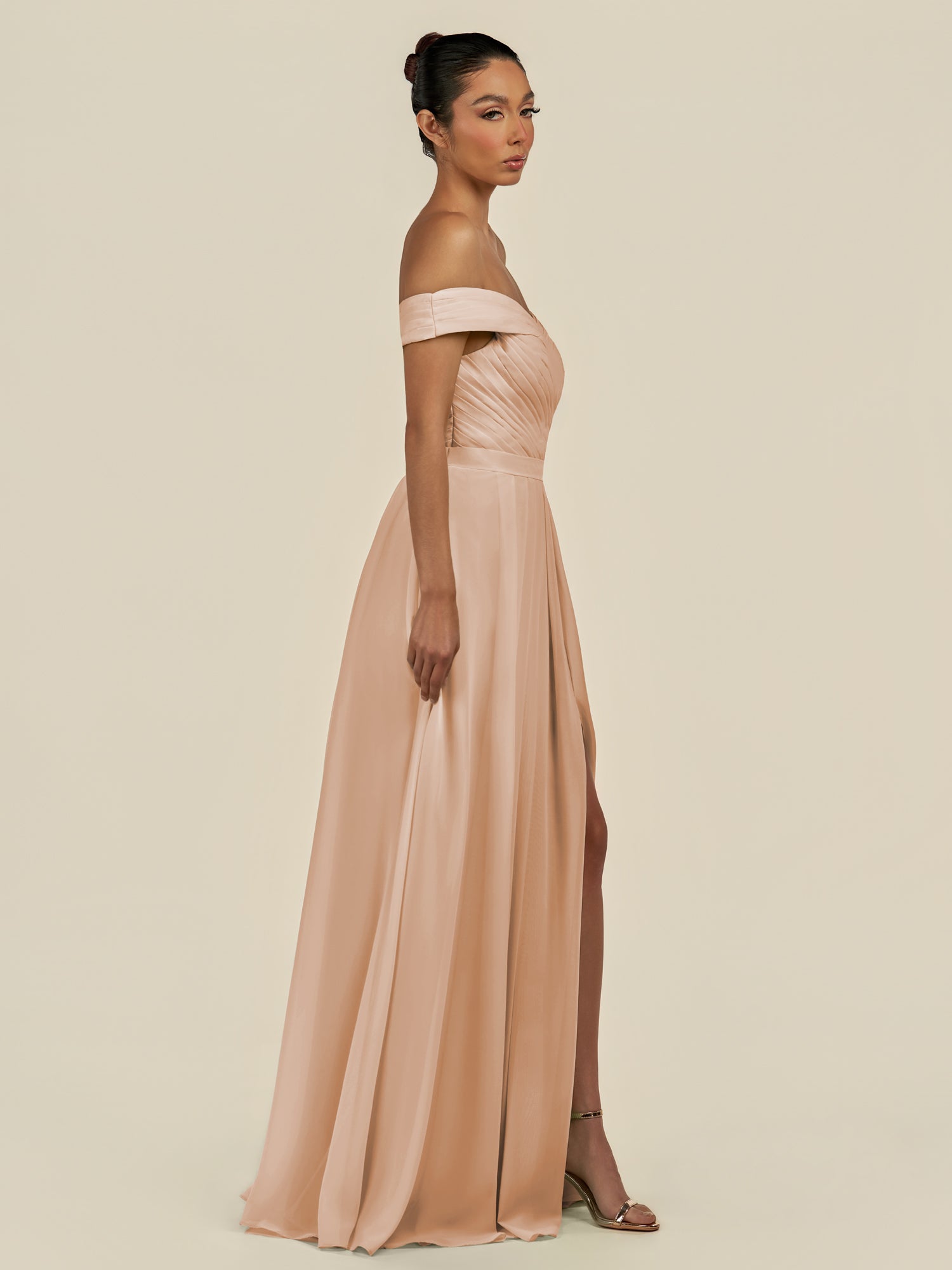 KissDress-Lurina Champagne Rose A Line Chiffon Off the Shoulder Pleated Long Bridesmaid Dress with Slit