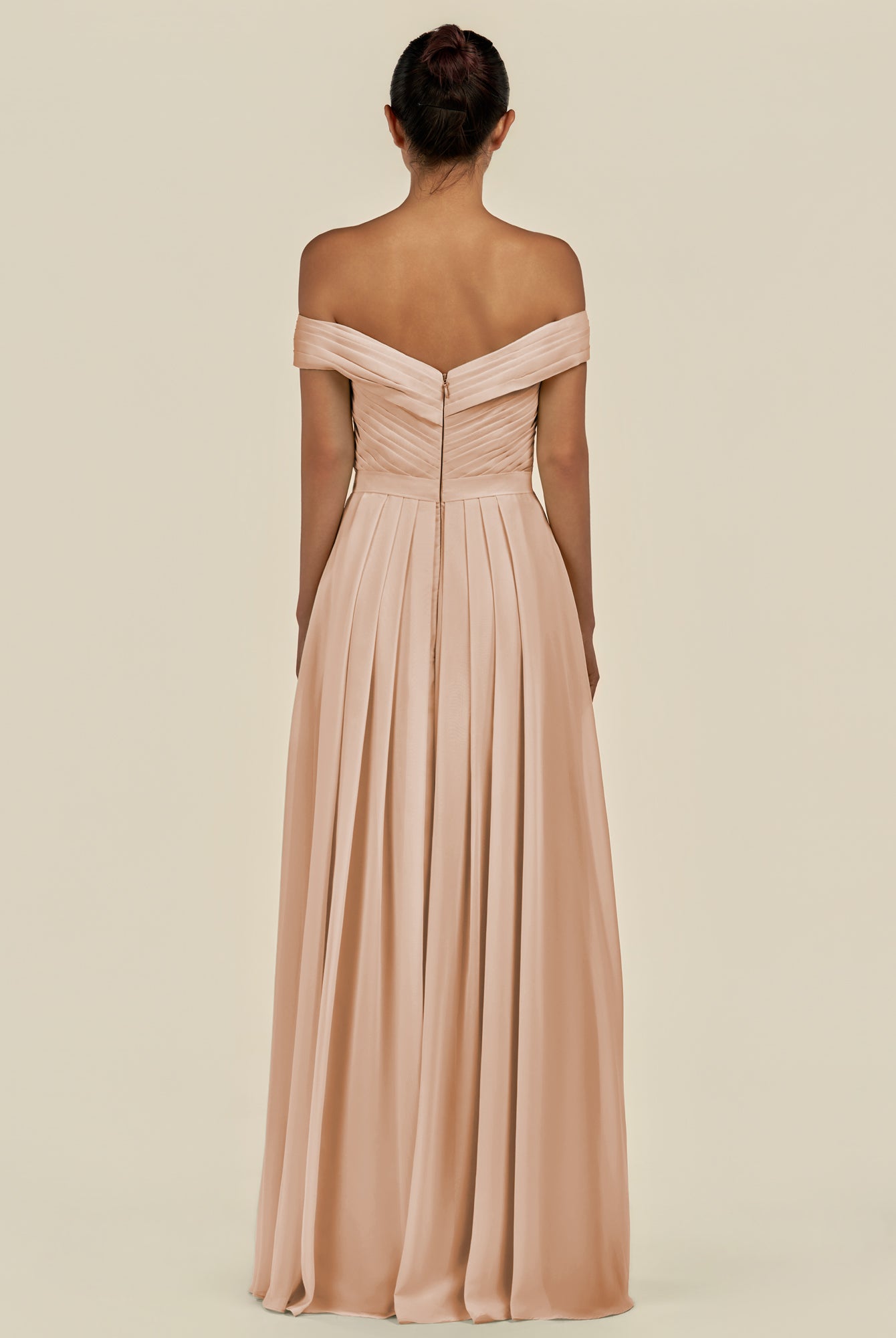 KissDress-Lurina Champagne Rose A Line Chiffon Off the Shoulder Pleated Long Bridesmaid Dress with Slit
