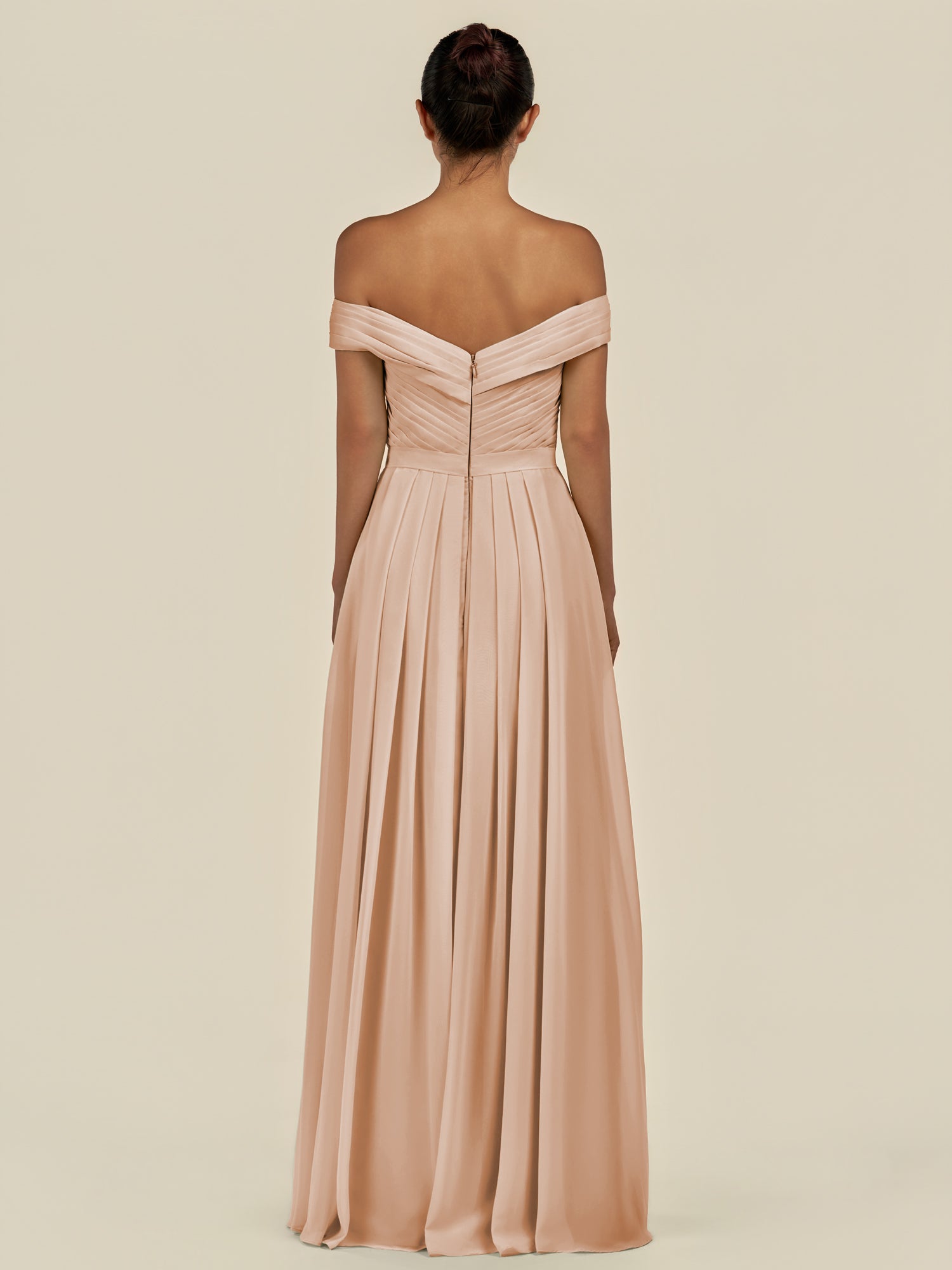 KissDress-Lurina Champagne Rose A Line Chiffon Off the Shoulder Pleated Long Bridesmaid Dress with Slit