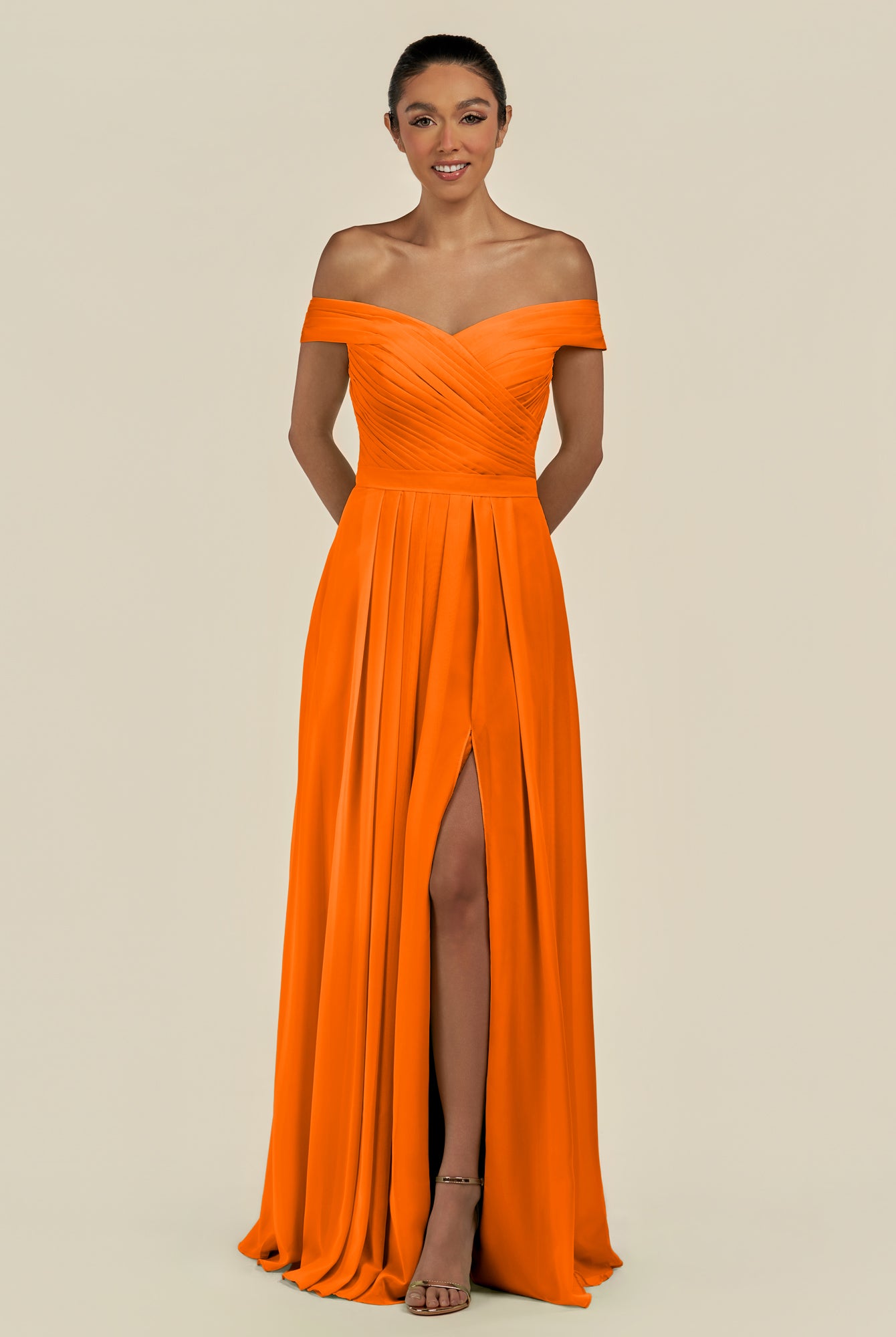 KissDress-Lurina Cinnamon A Line Chiffon Off the Shoulder Pleated Long Bridesmaid Dress with Slit