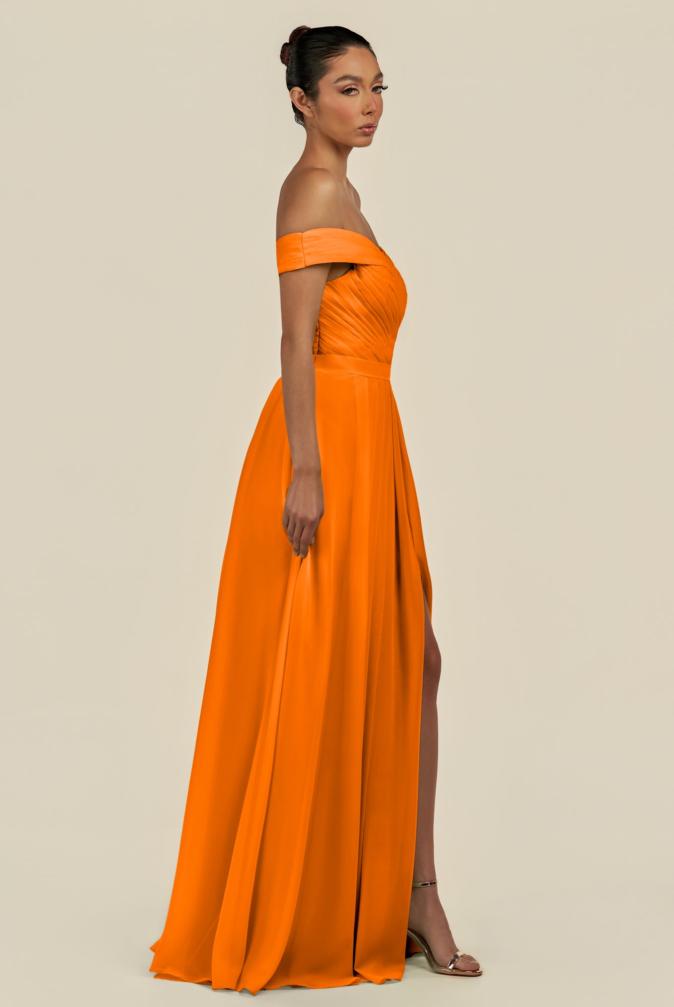 KissDress-Lurina Cinnamon A Line Chiffon Off the Shoulder Pleated Long Bridesmaid Dress with Slit
