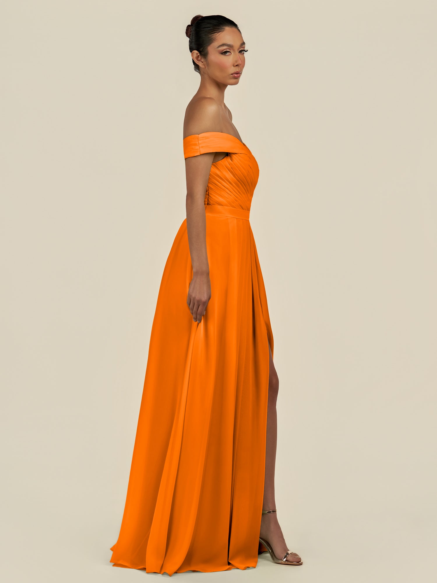 KissDress-Lurina Cinnamon A Line Chiffon Off the Shoulder Pleated Long Bridesmaid Dress with Slit