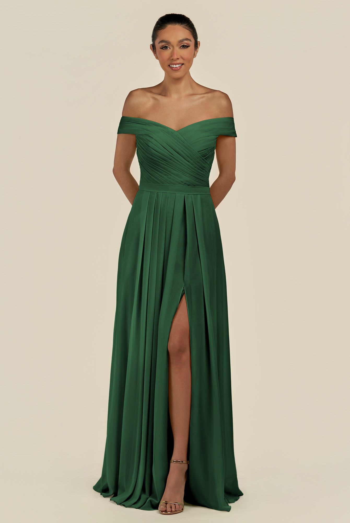 KissDress-Lurina Dark Green A Line Chiffon Off the Shoulder Pleated Long Bridesmaid Dress with Slit