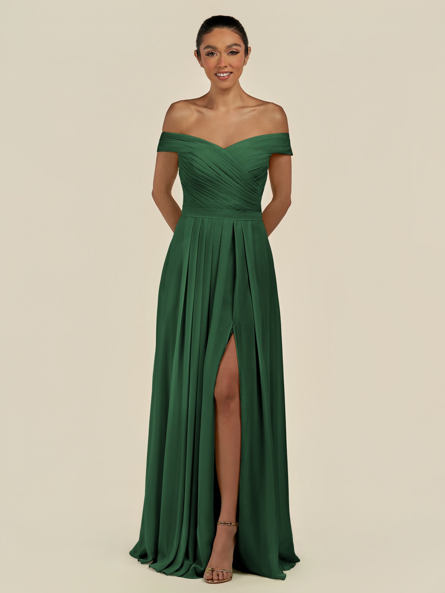 KissDress-Lurina Dark Green A Line Chiffon Off the Shoulder Pleated Long Bridesmaid Dress with Slit