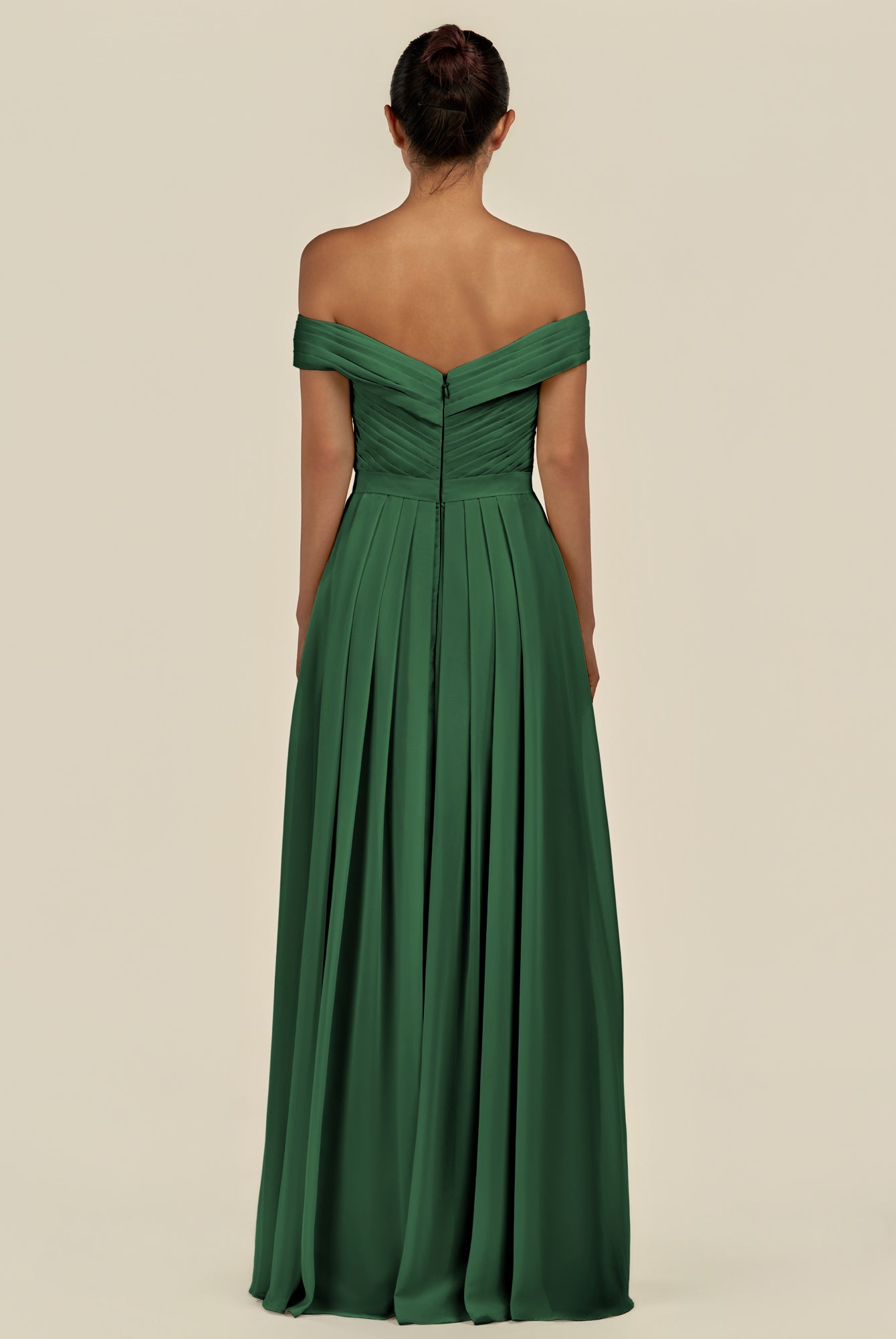 KissDress-Lurina Dark Green A Line Chiffon Off the Shoulder Pleated Long Bridesmaid Dress with Slit