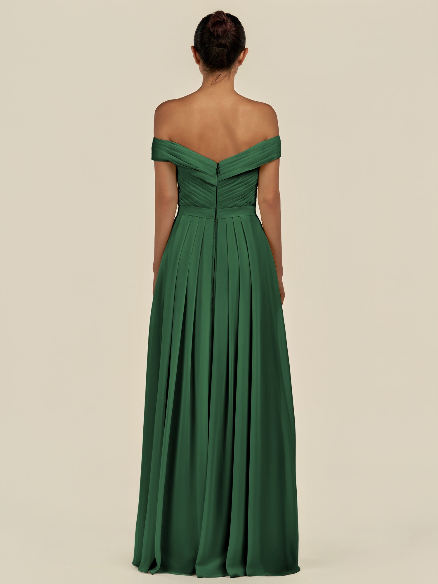 KissDress-Lurina Dark Green A Line Chiffon Off the Shoulder Pleated Long Bridesmaid Dress with Slit