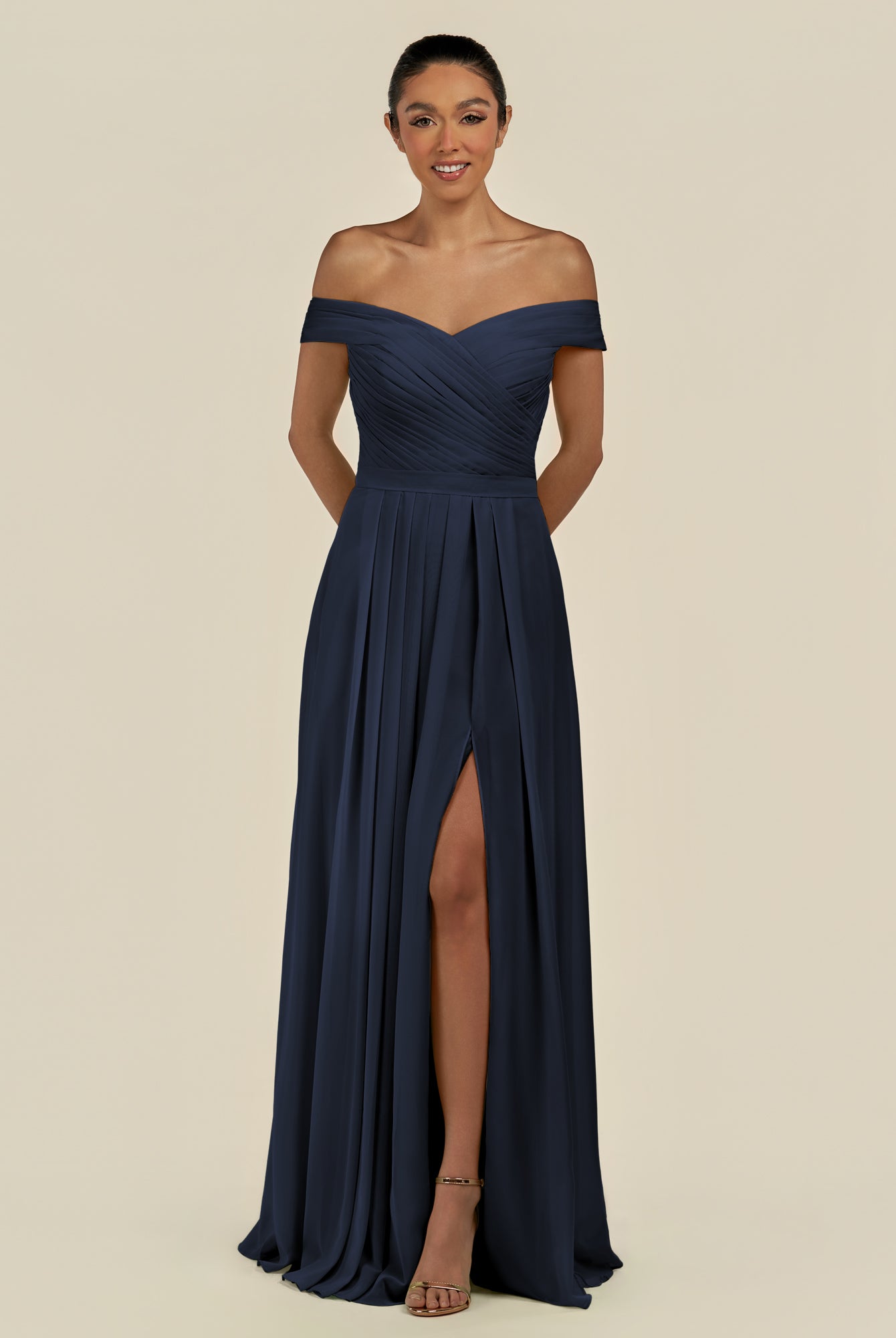 KissDress-Lurina Dark Navy A Line Chiffon Off the Shoulder Pleated Long Bridesmaid Dress with Slit