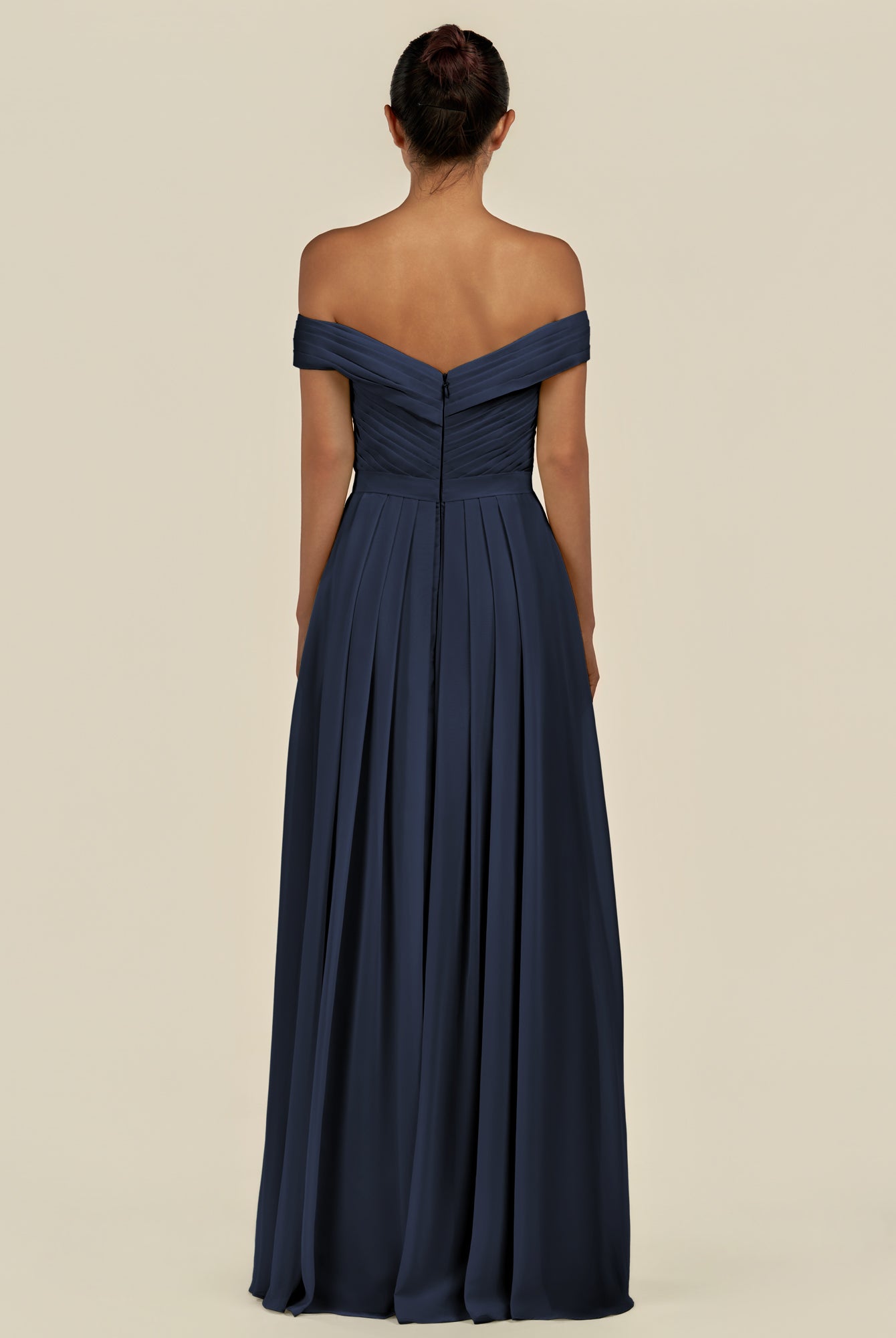KissDress-Lurina Dark Navy A Line Chiffon Off the Shoulder Pleated Long Bridesmaid Dress with Slit