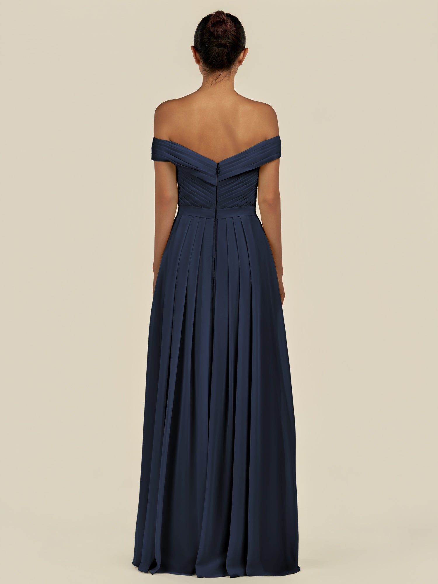 KissDress-Lurina Dark Navy A Line Chiffon Off the Shoulder Pleated Long Bridesmaid Dress with Slit