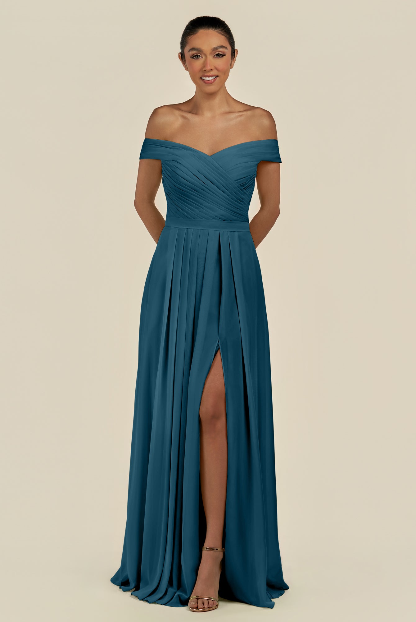 KissDress-Lurina Dark Teal A Line Chiffon Off the Shoulder Pleated Long Bridesmaid Dress with Slit