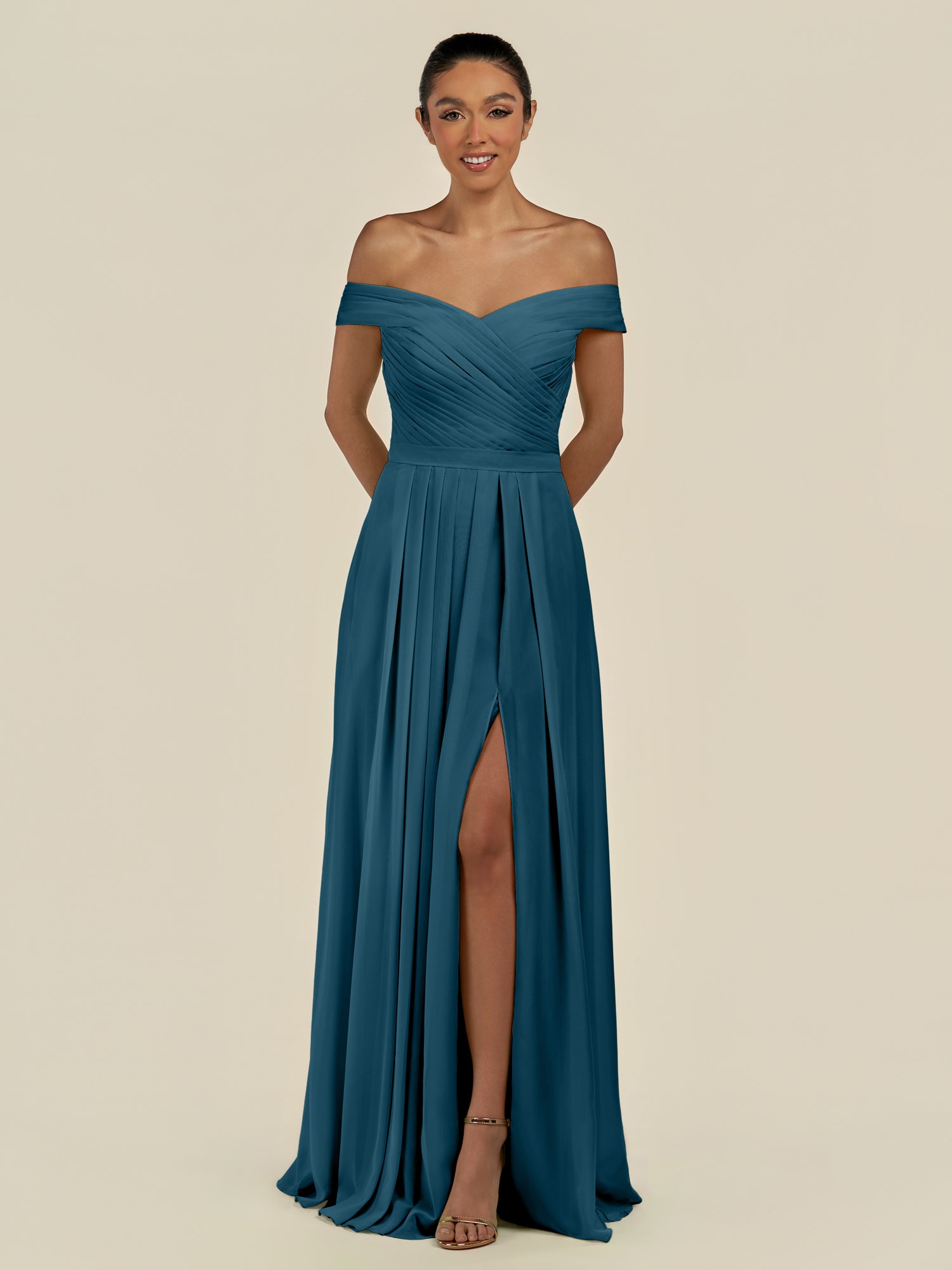 KissDress-Lurina Dark Teal A Line Chiffon Off the Shoulder Pleated Long Bridesmaid Dress with Slit