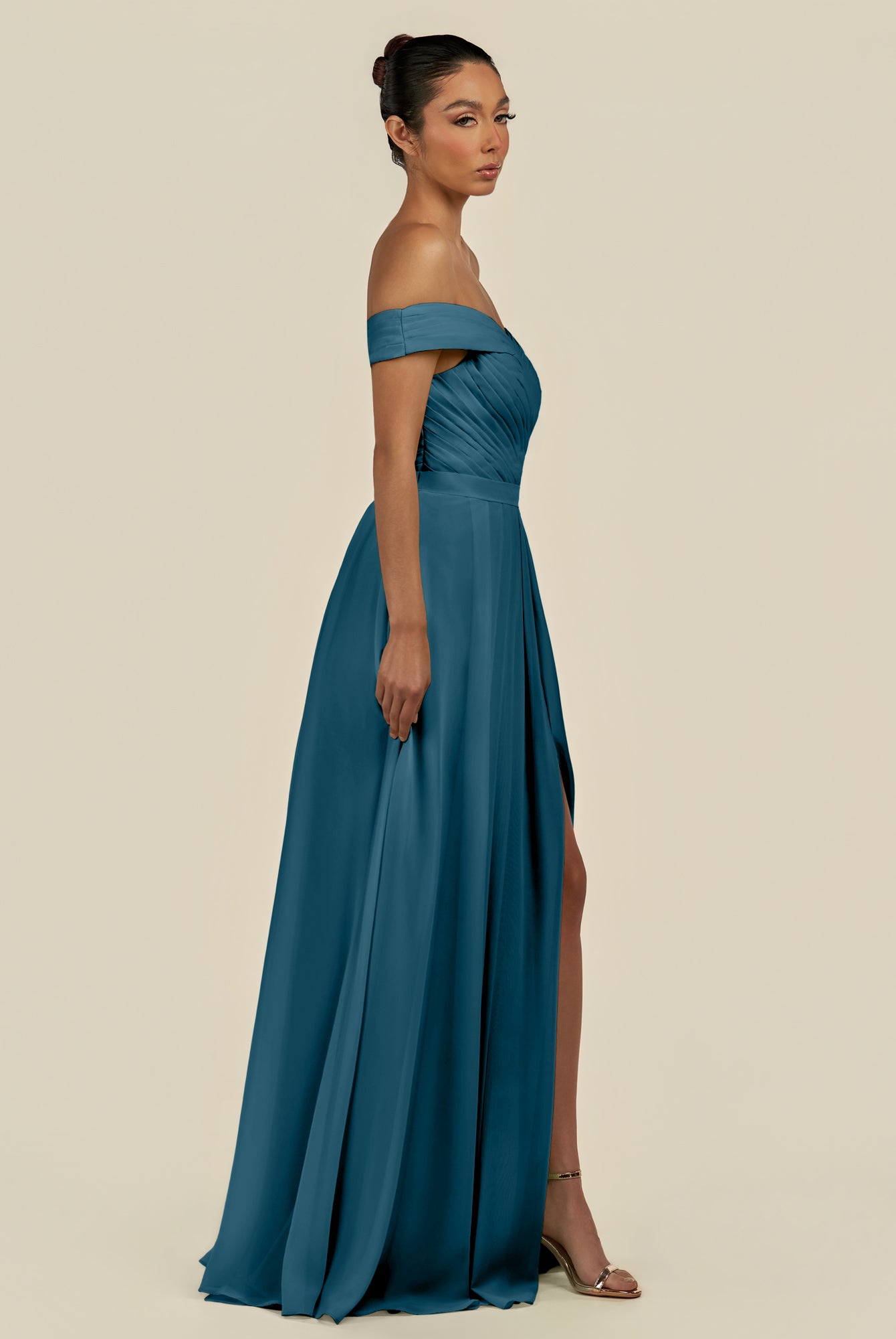 KissDress-Lurina Dark Teal A Line Chiffon Off the Shoulder Pleated Long Bridesmaid Dress with Slit