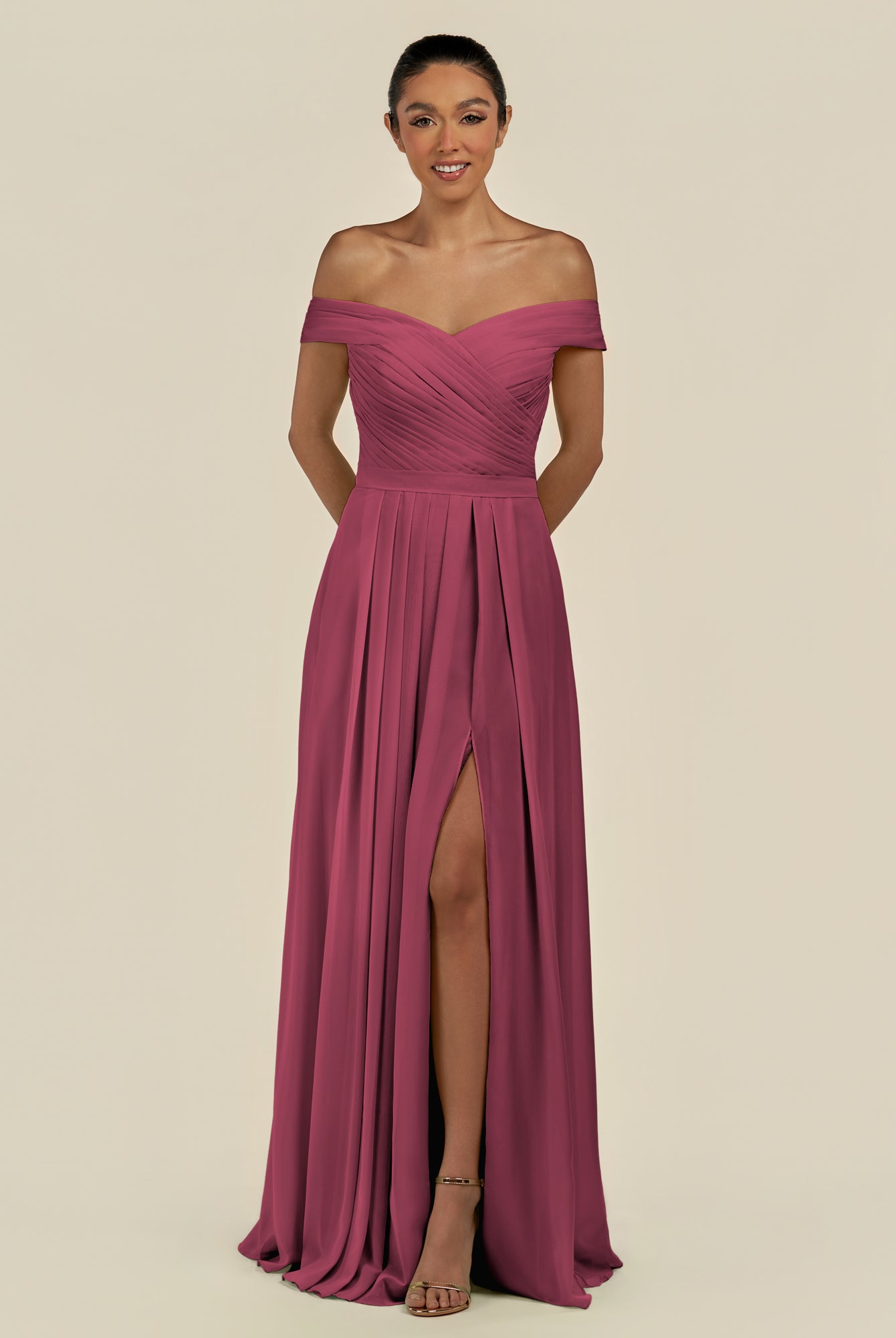 KissDress-Lurina Desert Rose A Line Chiffon Off the Shoulder Pleated Long Bridesmaid Dress with Slit