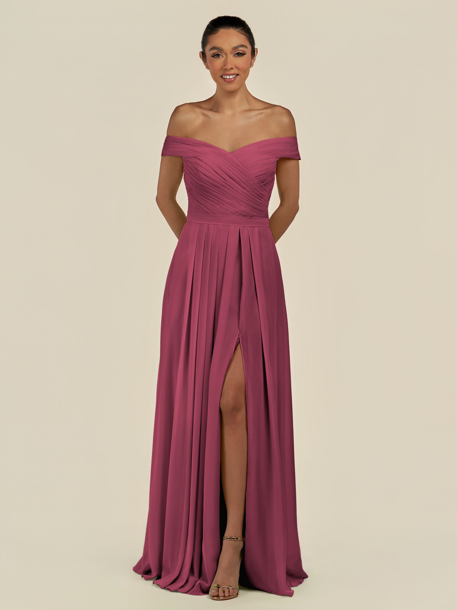 KissDress-Lurina Desert Rose A Line Chiffon Off the Shoulder Pleated Long Bridesmaid Dress with Slit