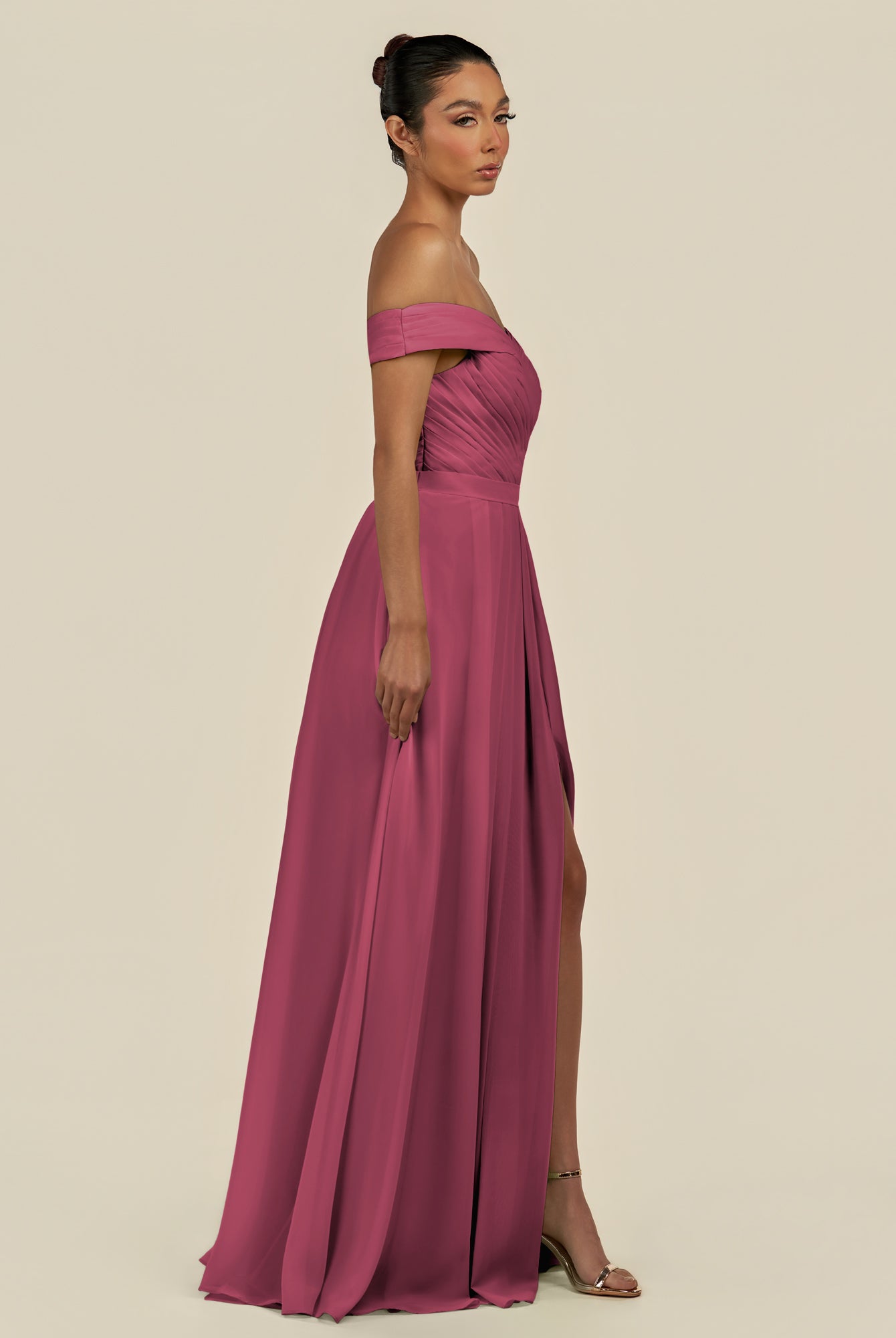 KissDress-Lurina Desert Rose A Line Chiffon Off the Shoulder Pleated Long Bridesmaid Dress with Slit