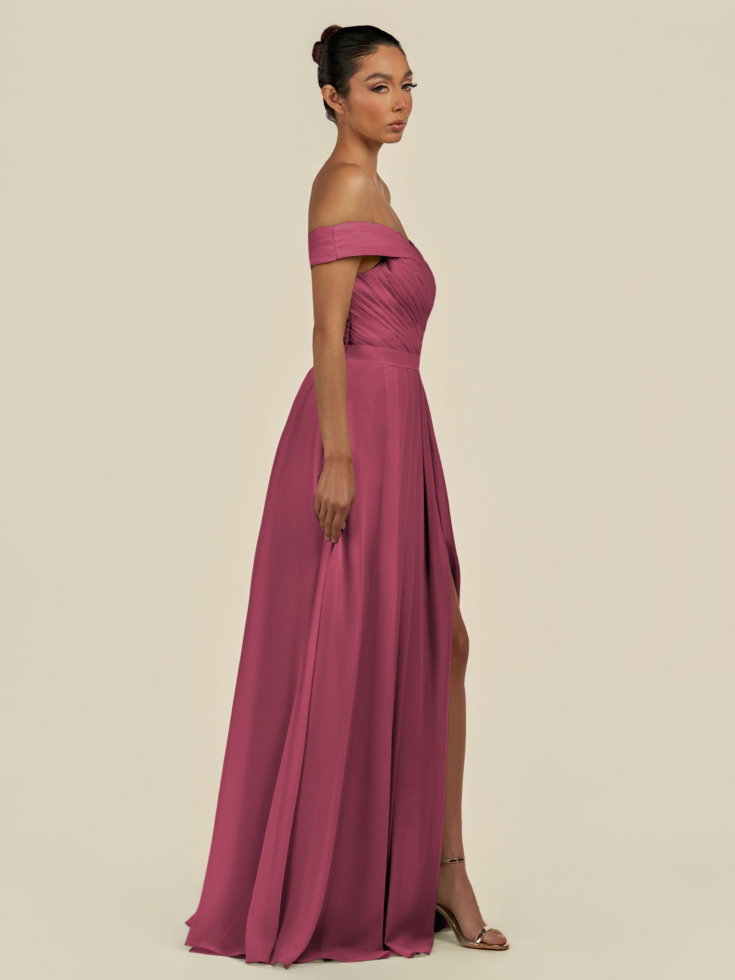 KissDress-Lurina Desert Rose A Line Chiffon Off the Shoulder Pleated Long Bridesmaid Dress with Slit