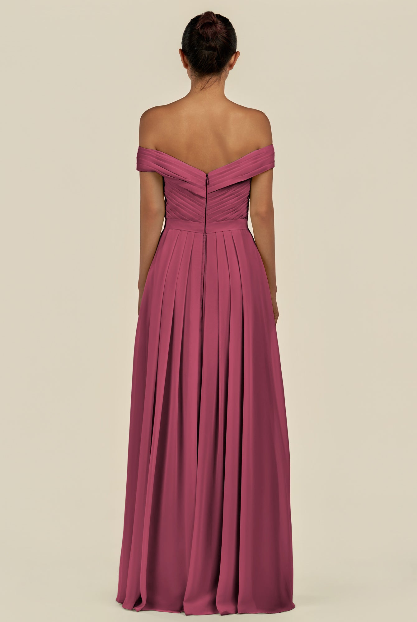 KissDress-Lurina Desert Rose A Line Chiffon Off the Shoulder Pleated Long Bridesmaid Dress with Slit