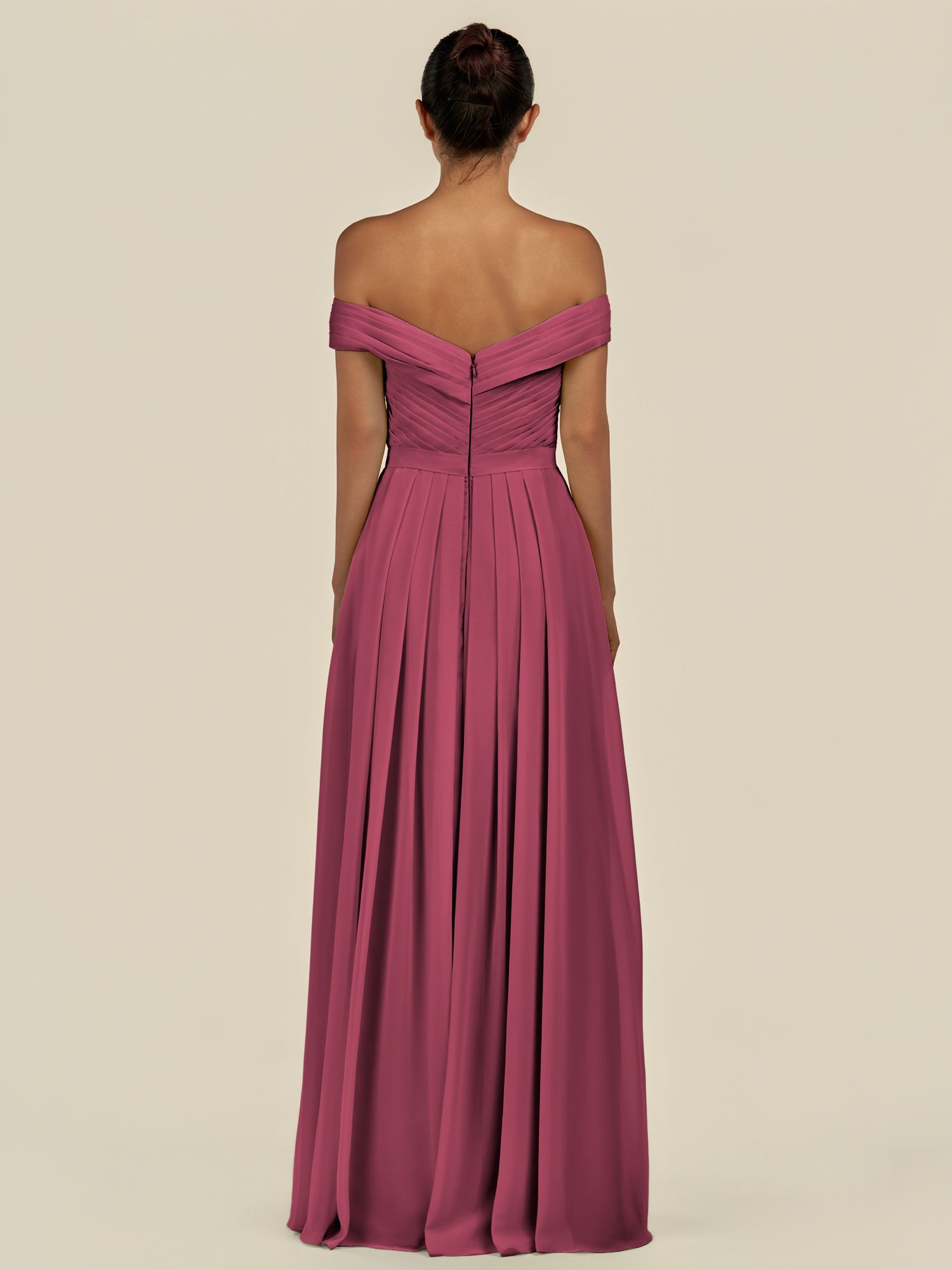 KissDress-Lurina Desert Rose A Line Chiffon Off the Shoulder Pleated Long Bridesmaid Dress with Slit