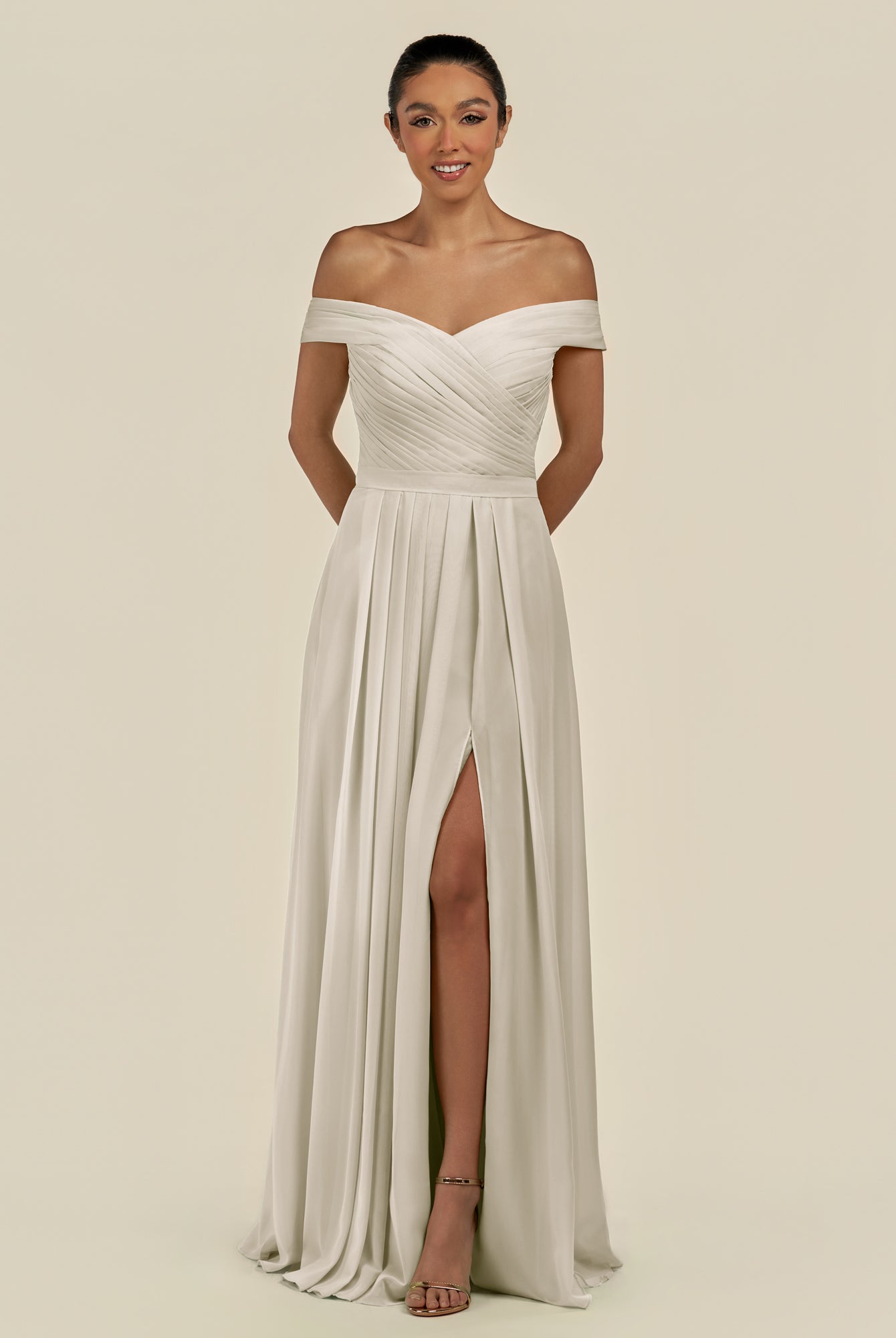 KissDress-Lurina Dove Gray A Line Chiffon Off the Shoulder Pleated Long Bridesmaid Dress with Slit