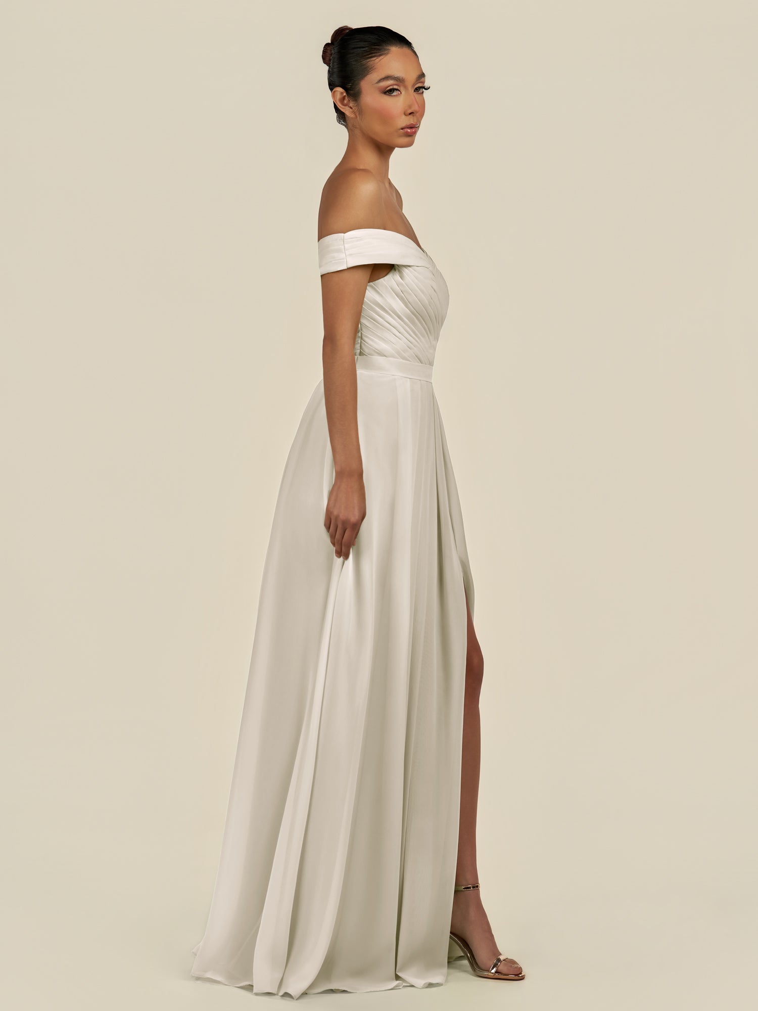KissDress-Lurina Dove Gray A Line Chiffon Off the Shoulder Pleated Long Bridesmaid Dress with Slit