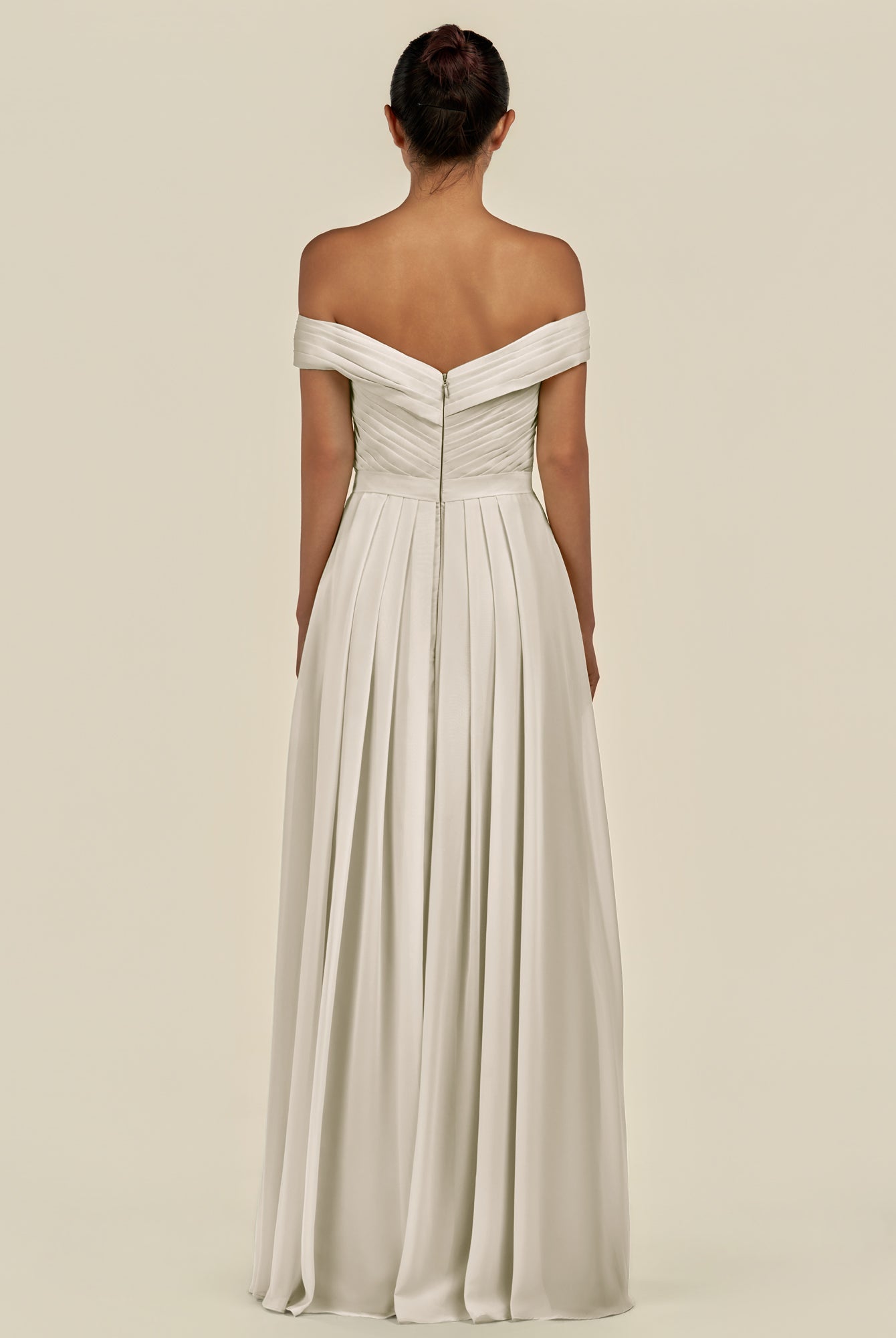 KissDress-Lurina Dove Gray A Line Chiffon Off the Shoulder Pleated Long Bridesmaid Dress with Slit