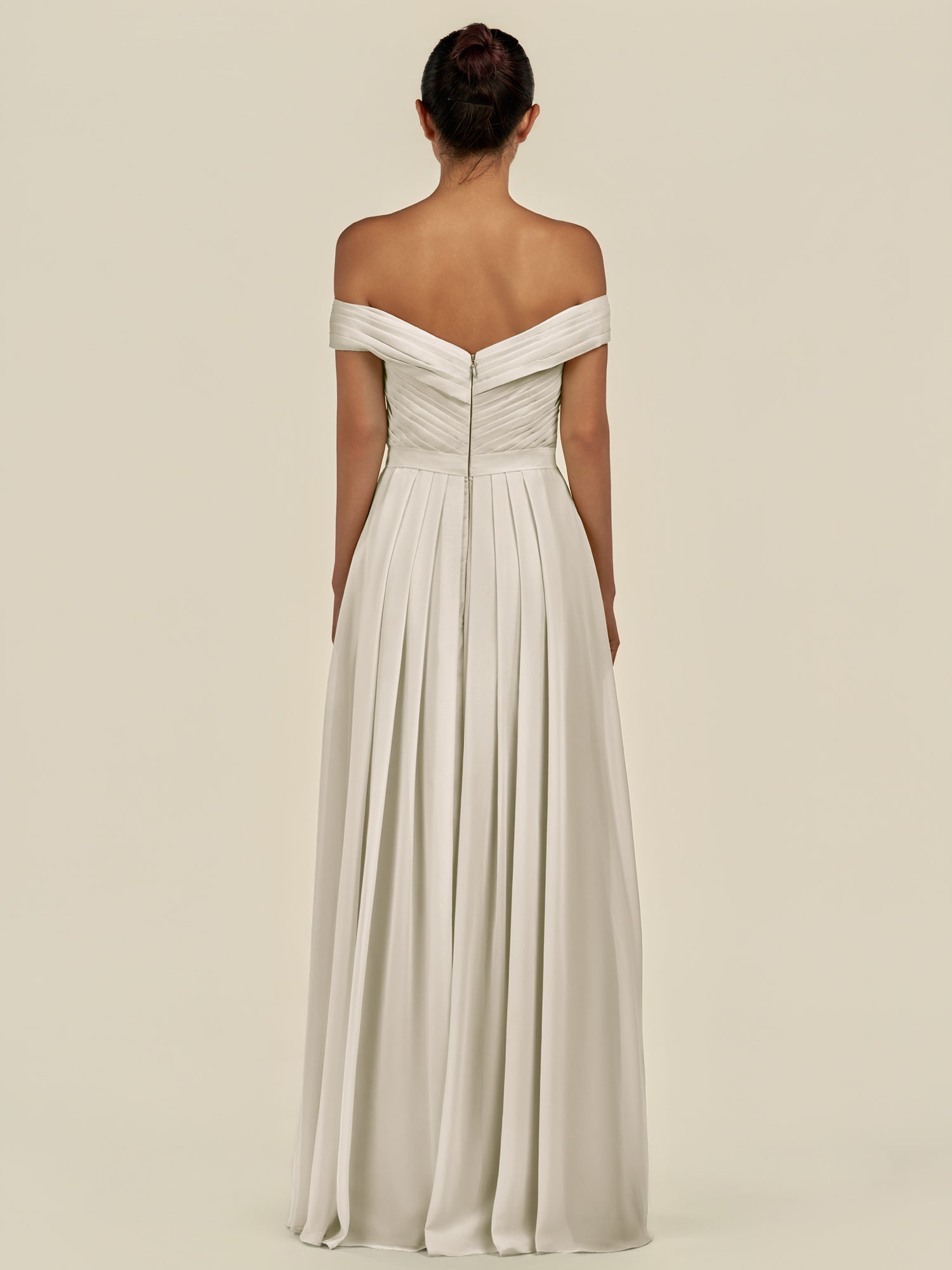 KissDress-Lurina Dove Gray A Line Chiffon Off the Shoulder Pleated Long Bridesmaid Dress with Slit