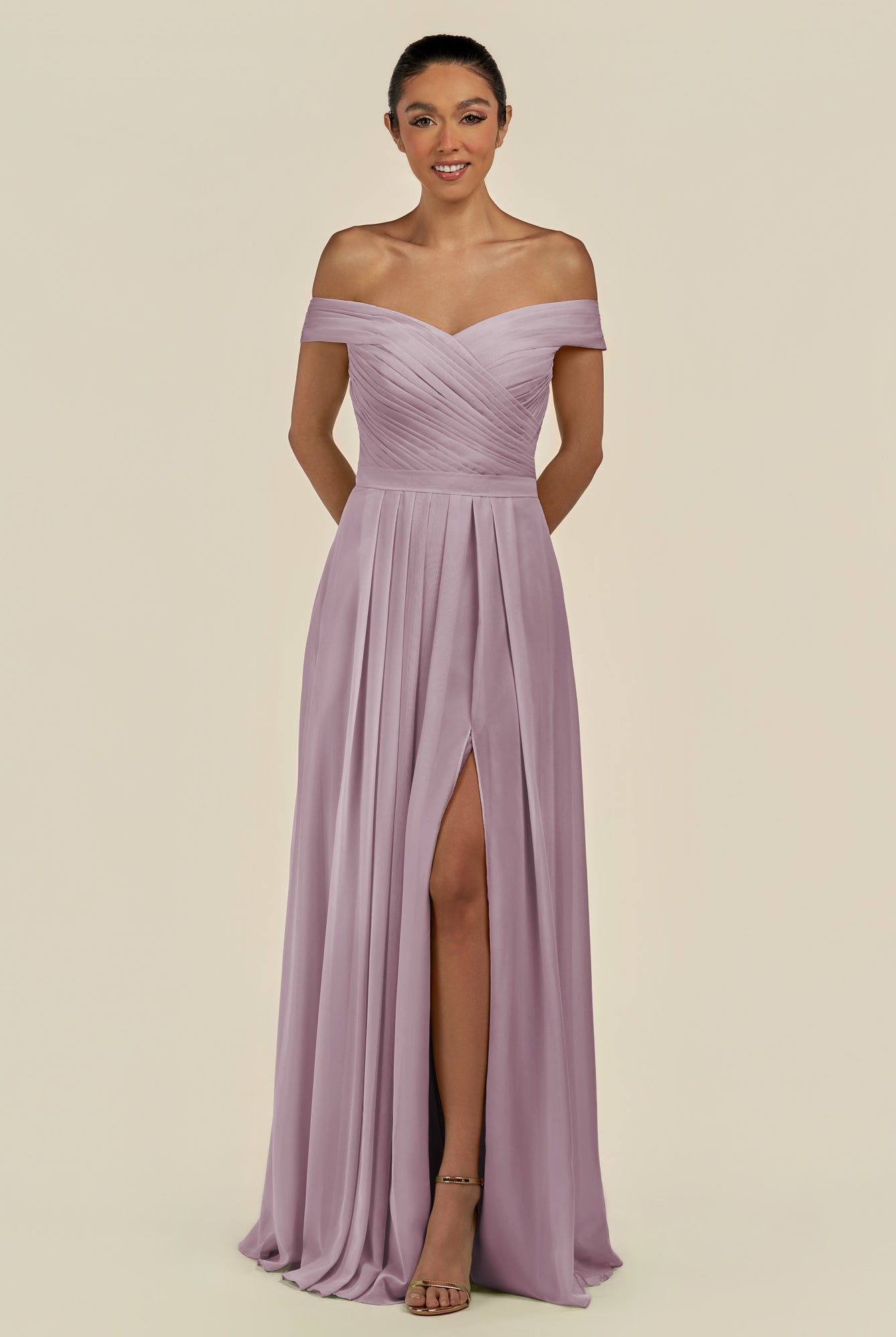 KissDress-Lurina Dusk A Line Chiffon Off the Shoulder Pleated Long Bridesmaid Dress with Slit