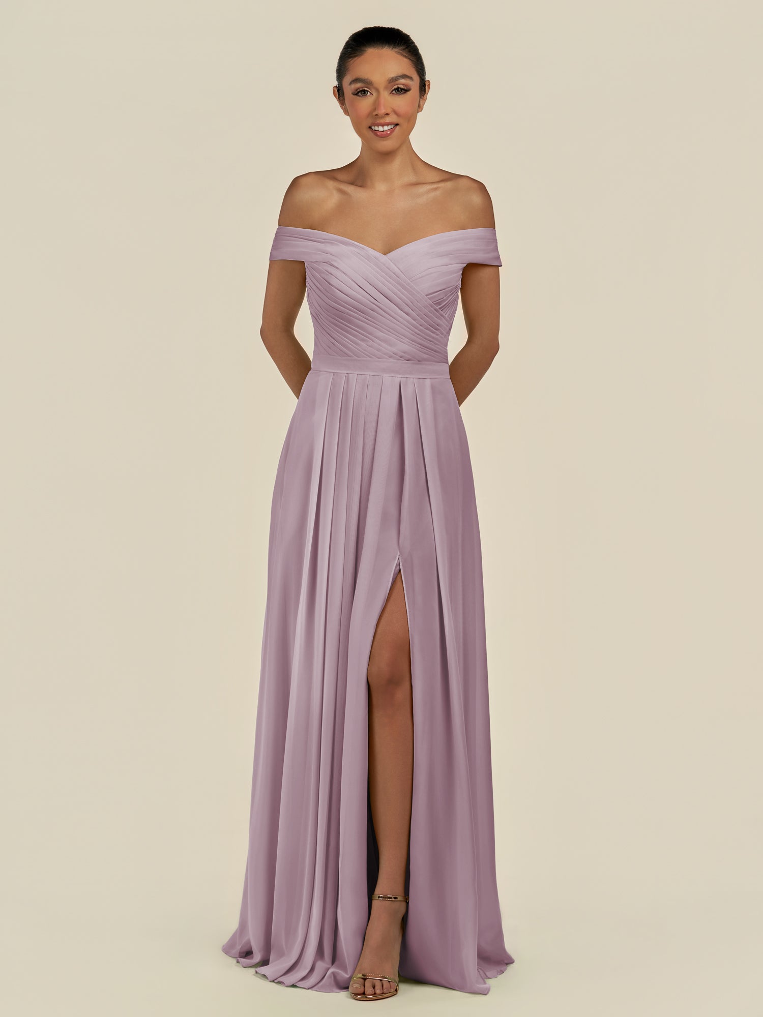 KissDress-Lurina Dusk A Line Chiffon Off the Shoulder Pleated Long Bridesmaid Dress with Slit