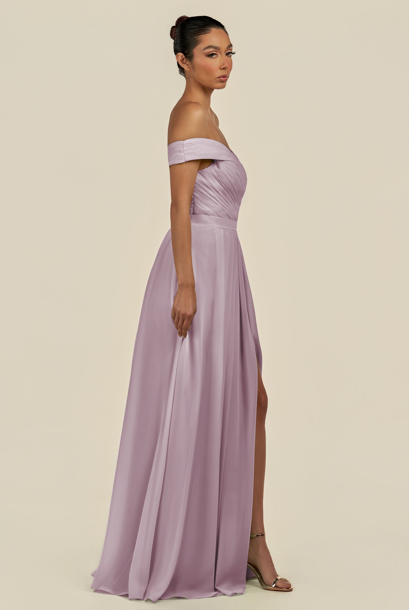 KissDress-Lurina Dusk A Line Chiffon Off the Shoulder Pleated Long Bridesmaid Dress with Slit