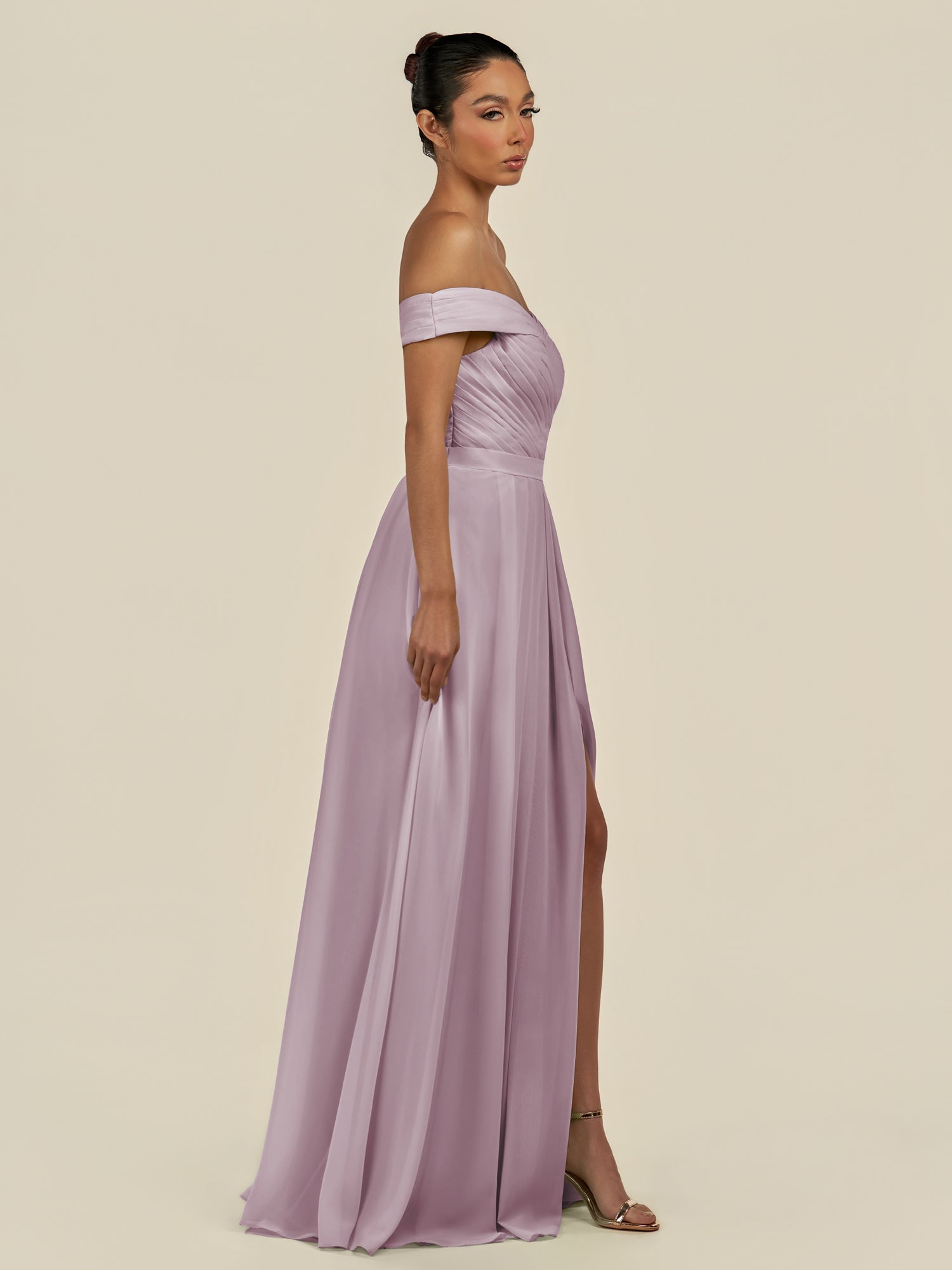 KissDress-Lurina Dusk A Line Chiffon Off the Shoulder Pleated Long Bridesmaid Dress with Slit