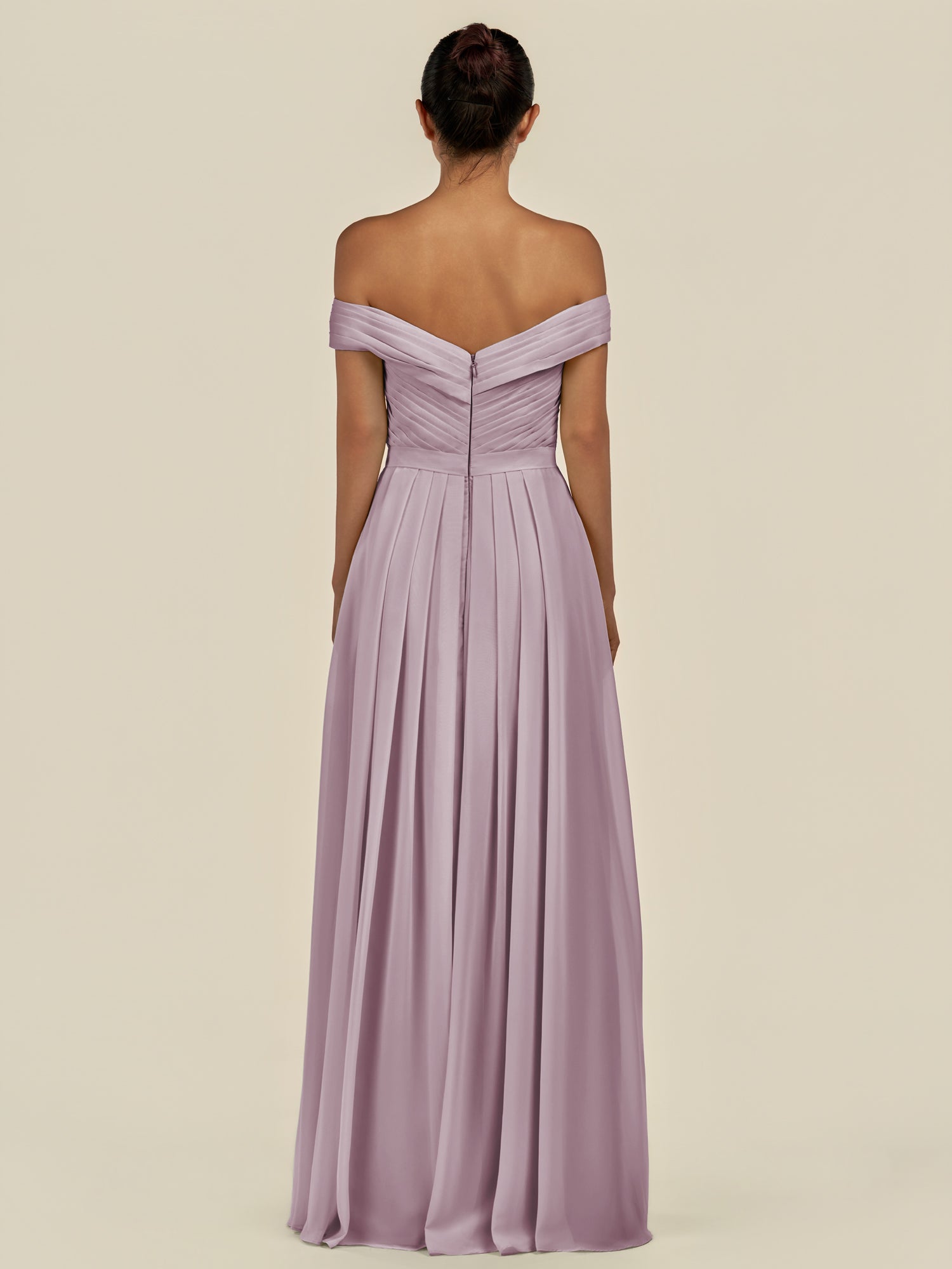KissDress-Lurina Dusk A Line Chiffon Off the Shoulder Pleated Long Bridesmaid Dress with Slit