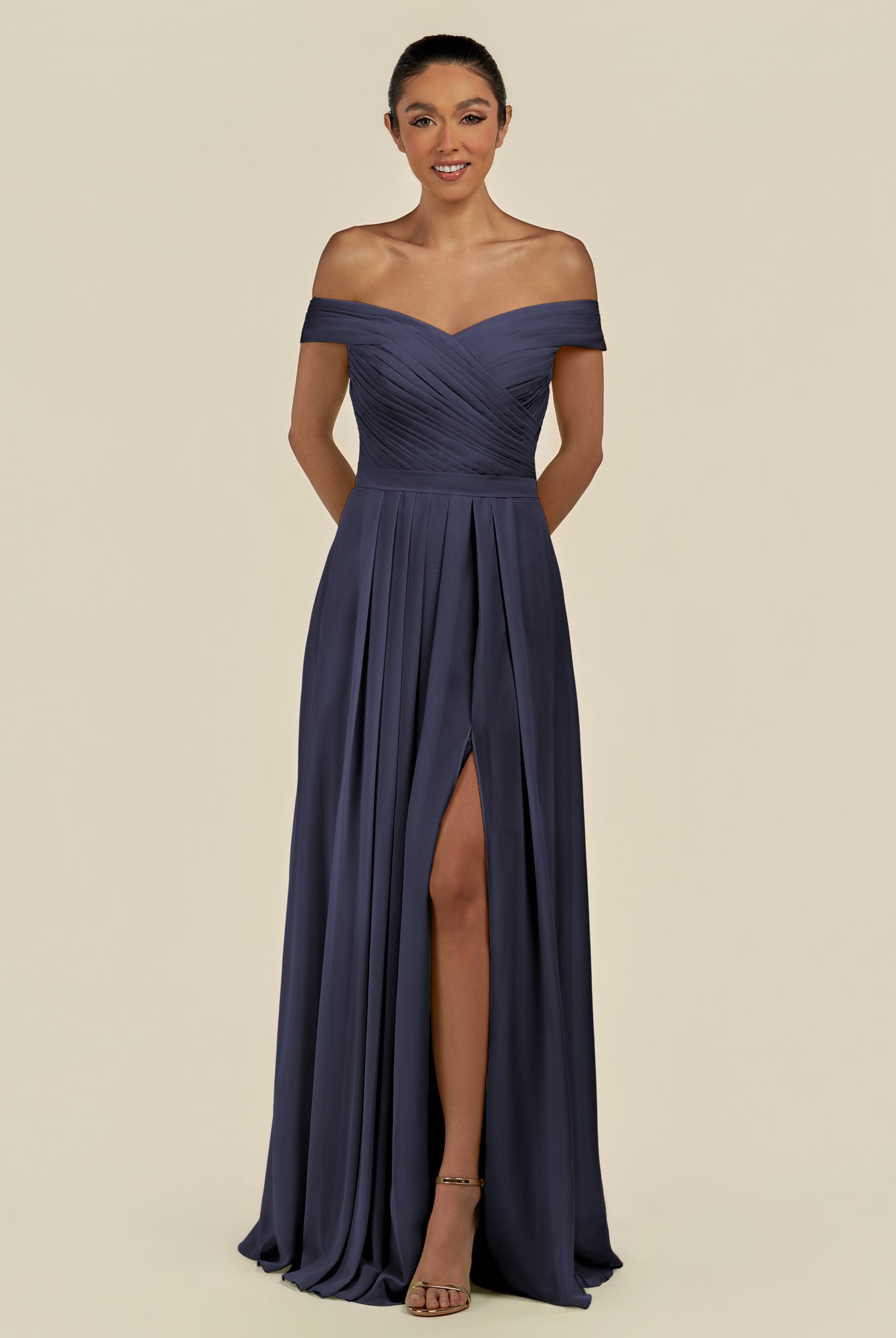 KissDress-Lurina Dusk Blue A Line Chiffon Off the Shoulder Pleated Long Bridesmaid Dress with Slit