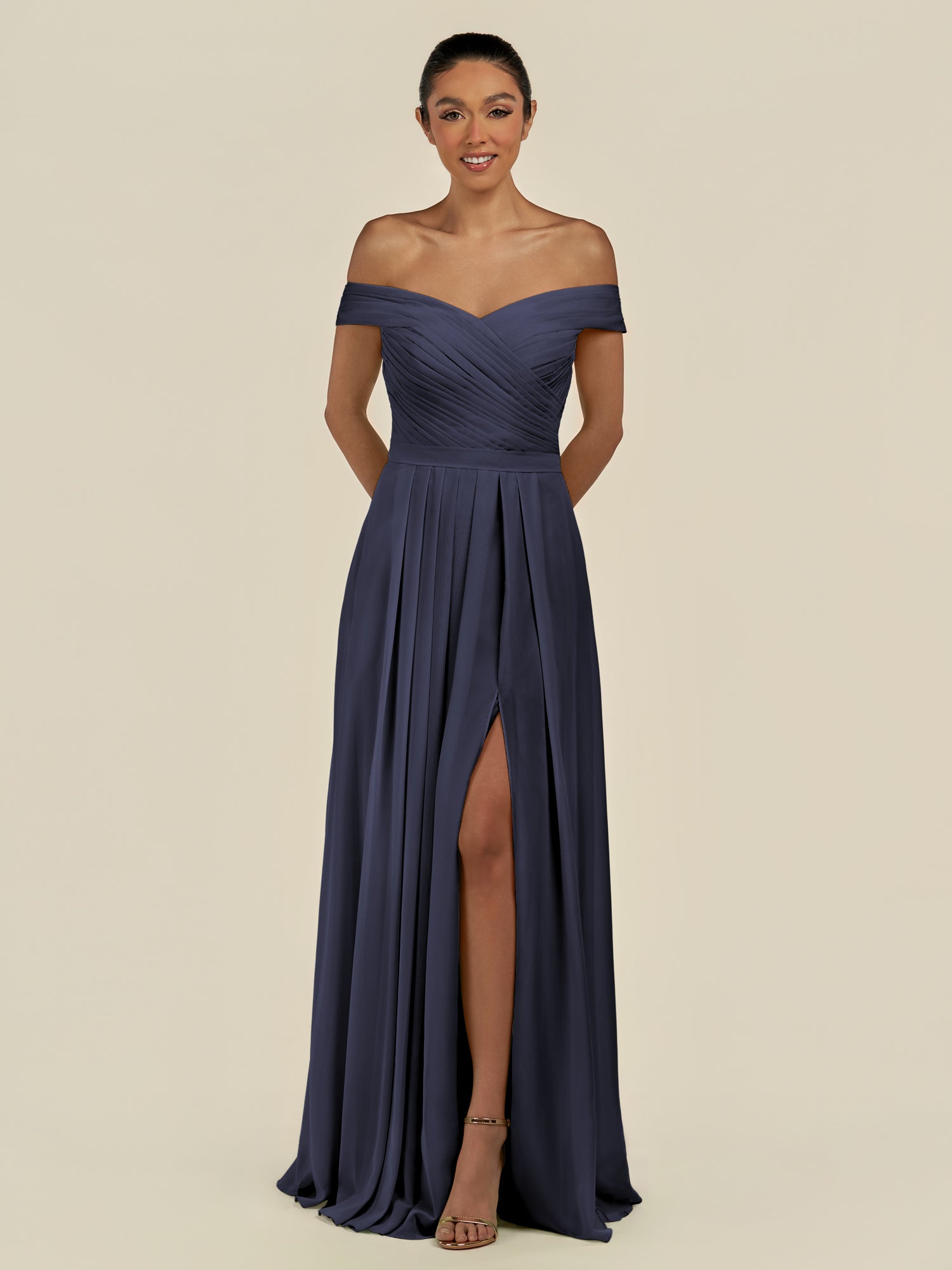 KissDress-Lurina Dusk Blue A Line Chiffon Off the Shoulder Pleated Long Bridesmaid Dress with Slit